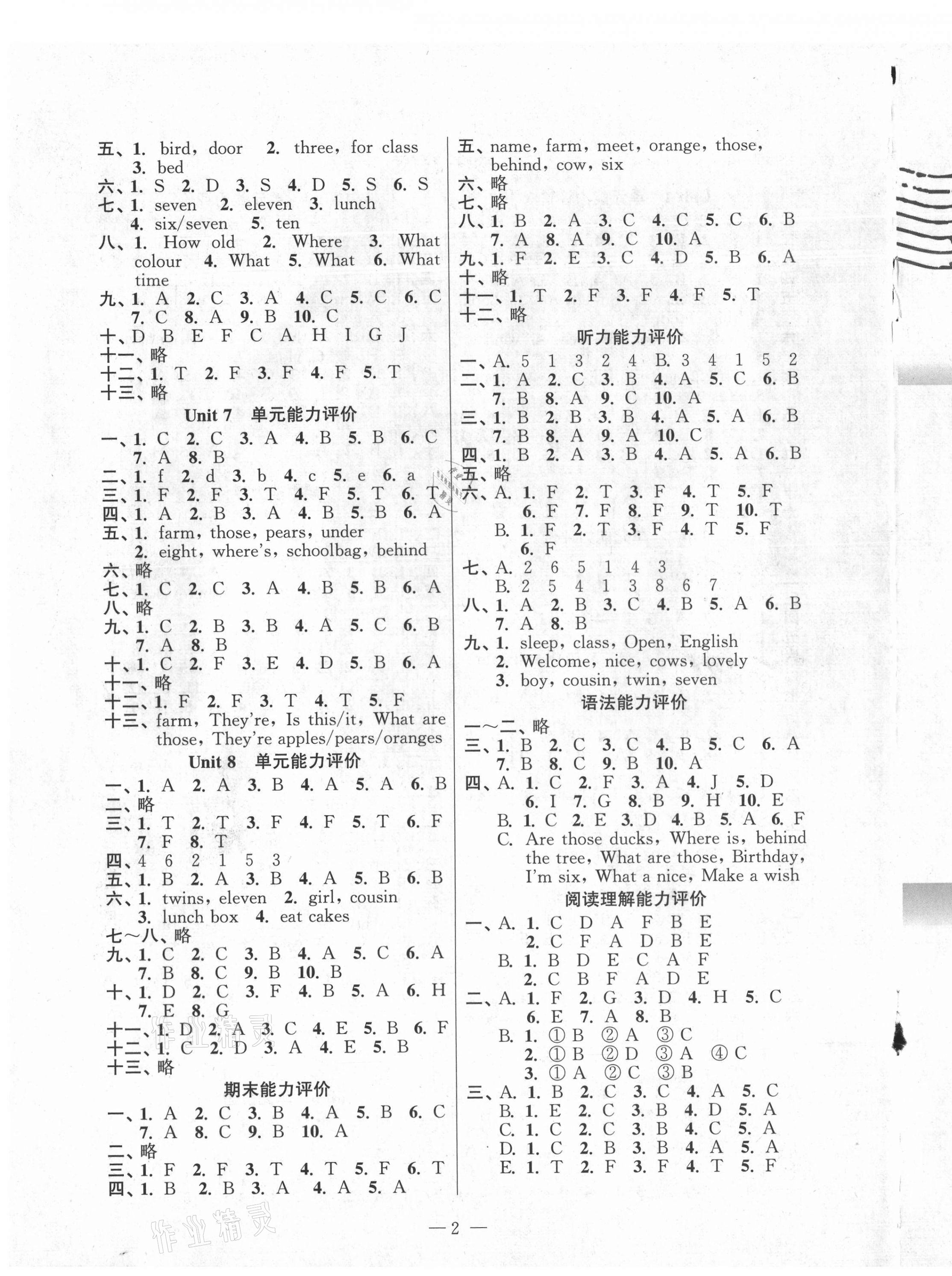 2021年練習(xí)與測試三年級英語下冊譯林版 參考答案第2頁