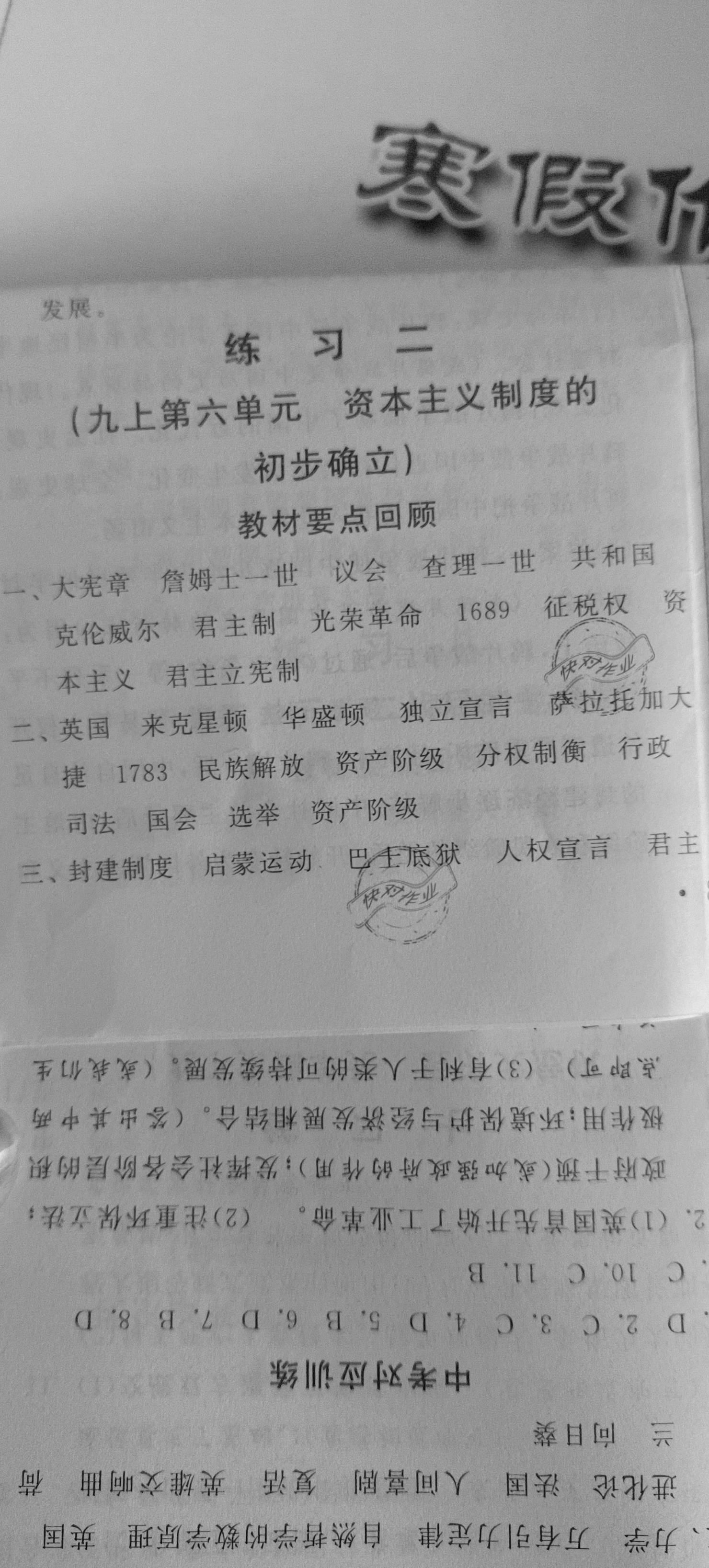 2021年寒假作業(yè)九年級(jí)歷史河北美術(shù)出版社 參考答案第2頁