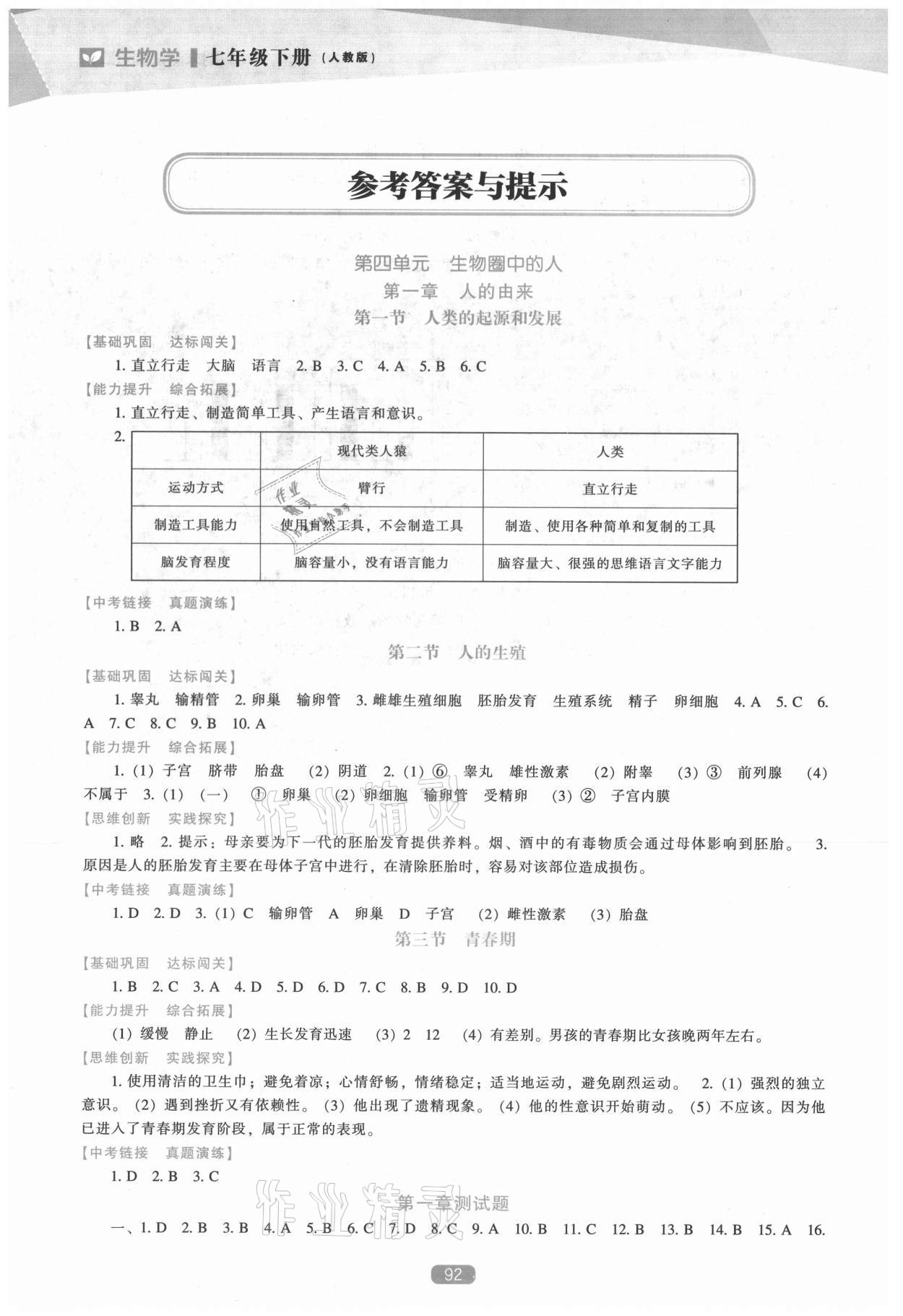 2021年新課程生物學(xué)能力培養(yǎng)七年級下冊人教版 參考答案第1頁