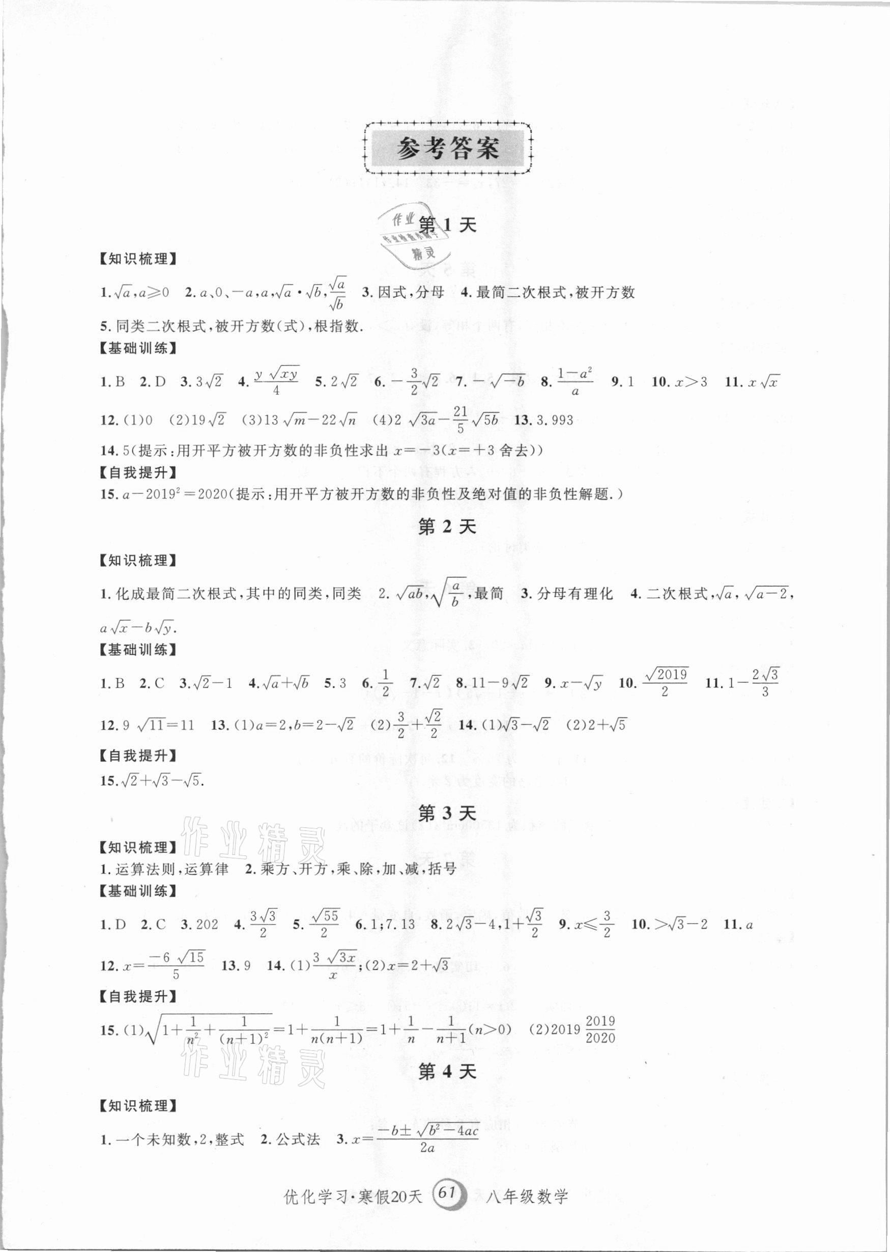 2021年优化学习寒假20天八年级数学上海地区专用 第1页