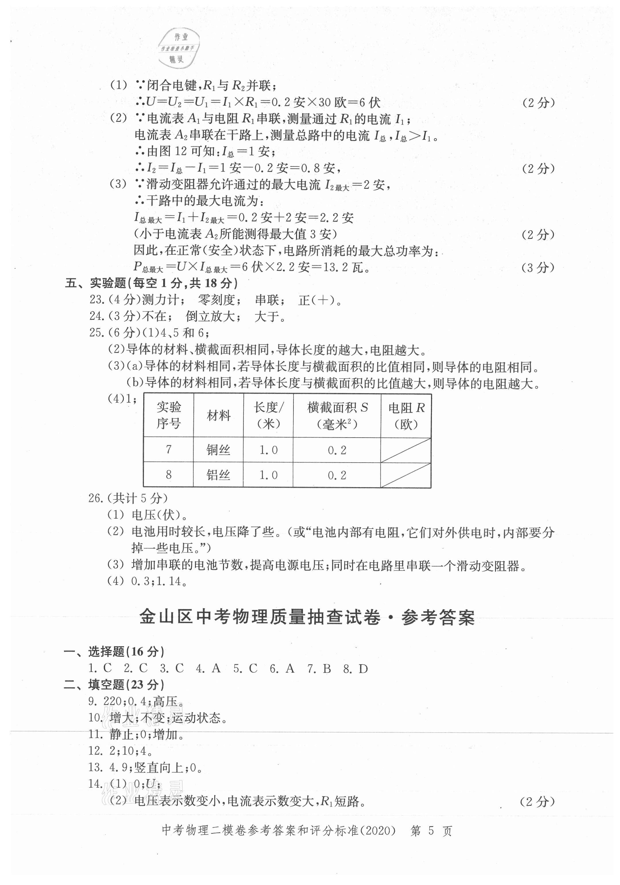 2021年走向成功上海市各区中考考前质量抽查试卷精编物理合订本 参考答案第5页