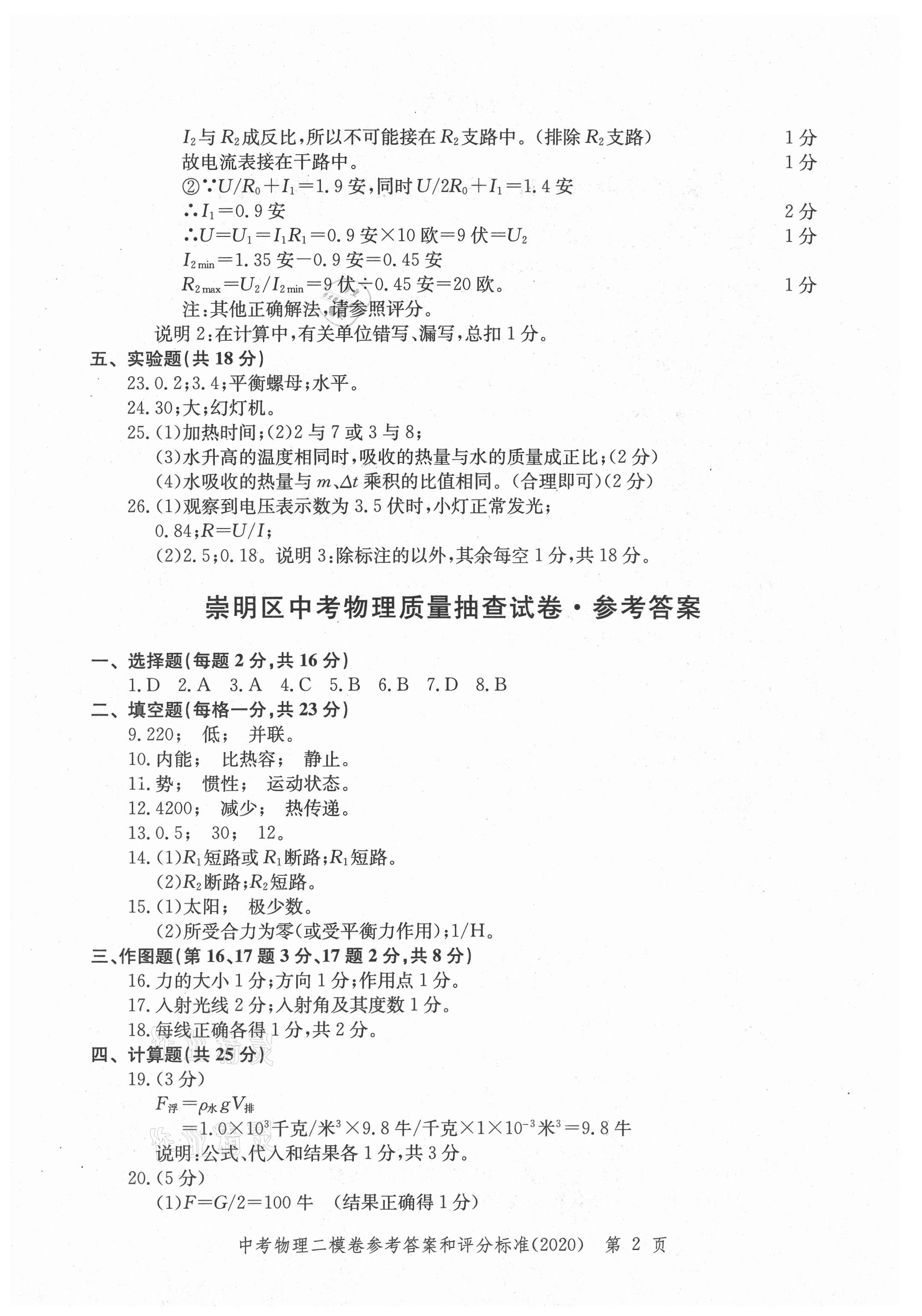 2021年走向成功上海市各区中考考前质量抽查试卷精编物理合订本 参考答案第2页