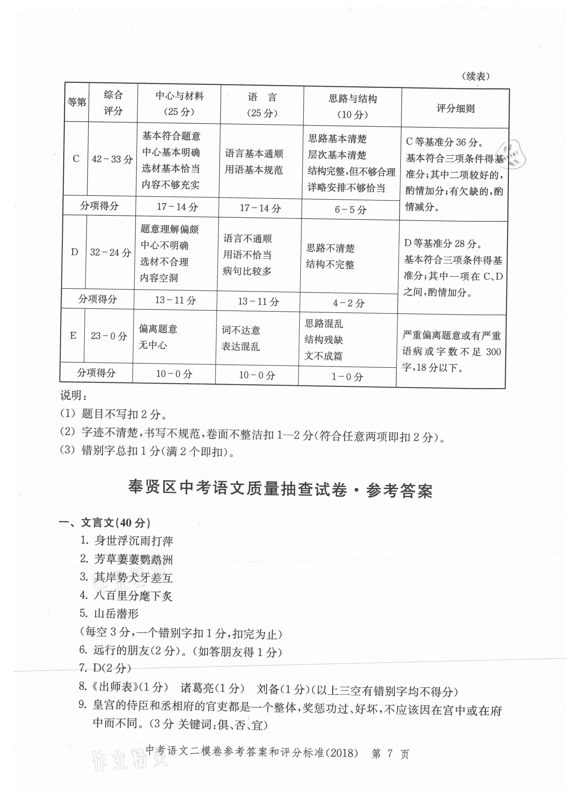 2021年走向成功上海市各区中考考前质量抽查试卷精编语文 参考答案第7页