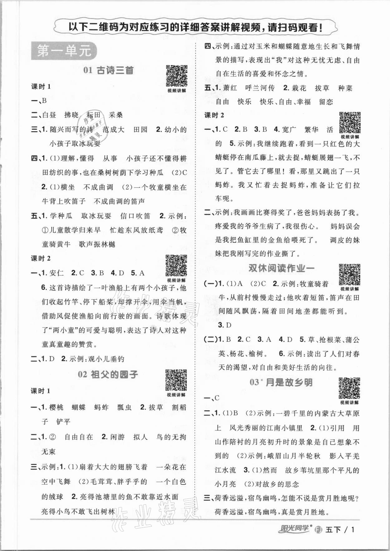 2021年阳光同学课时优化作业五年级语文下册人教版福建专版 参考答案