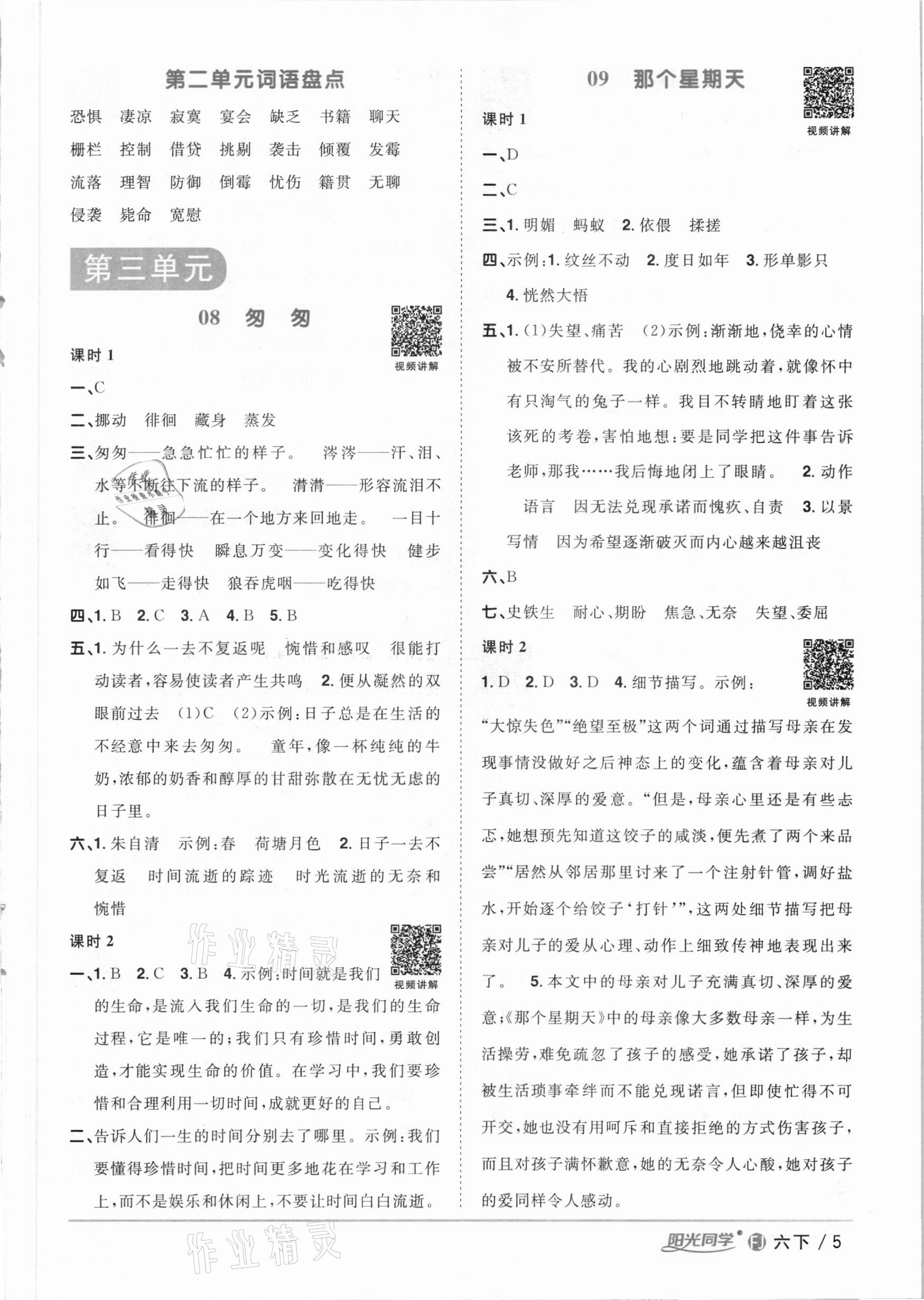 2021年陽光同學課時優(yōu)化作業(yè)六年級語文下冊人教版福建專版 參考答案第5頁