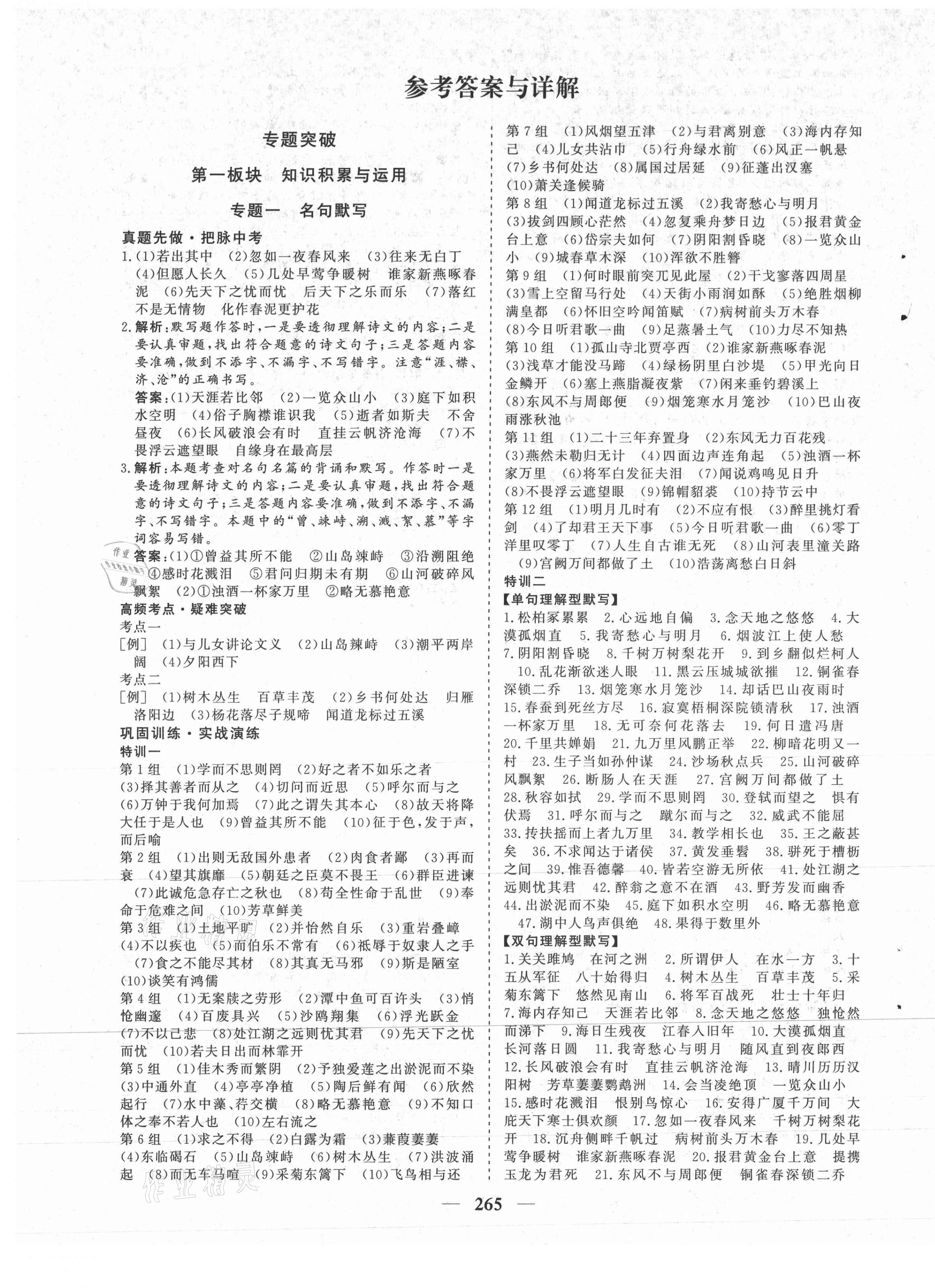 2021年初中毕业班综合训练语文 参考答案第1页