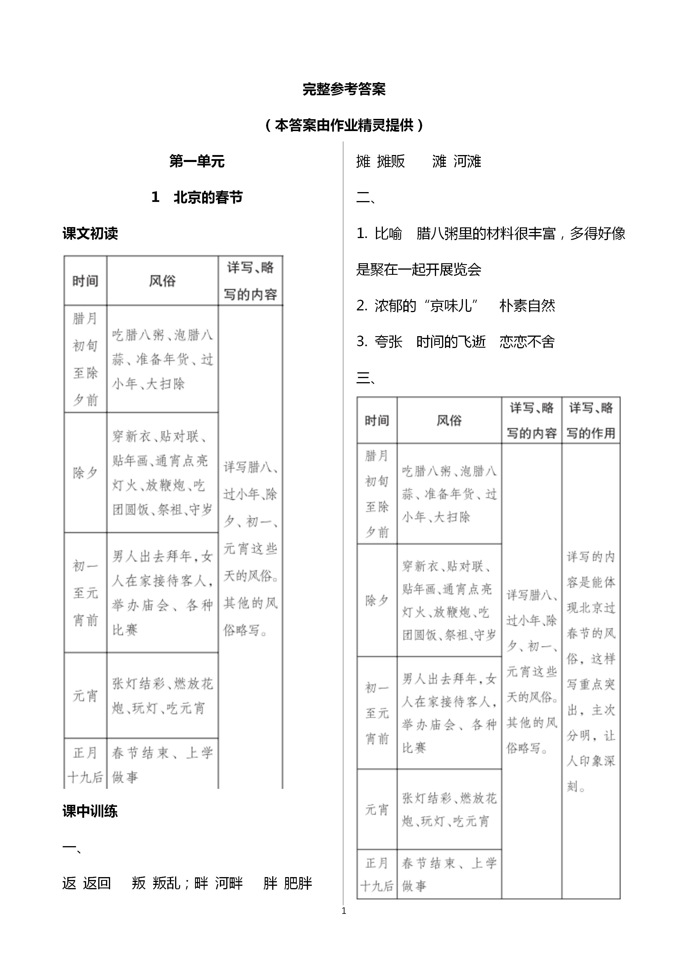 2021年长江作业本同步练习册六年级语文下册人教版 参考答案第1页