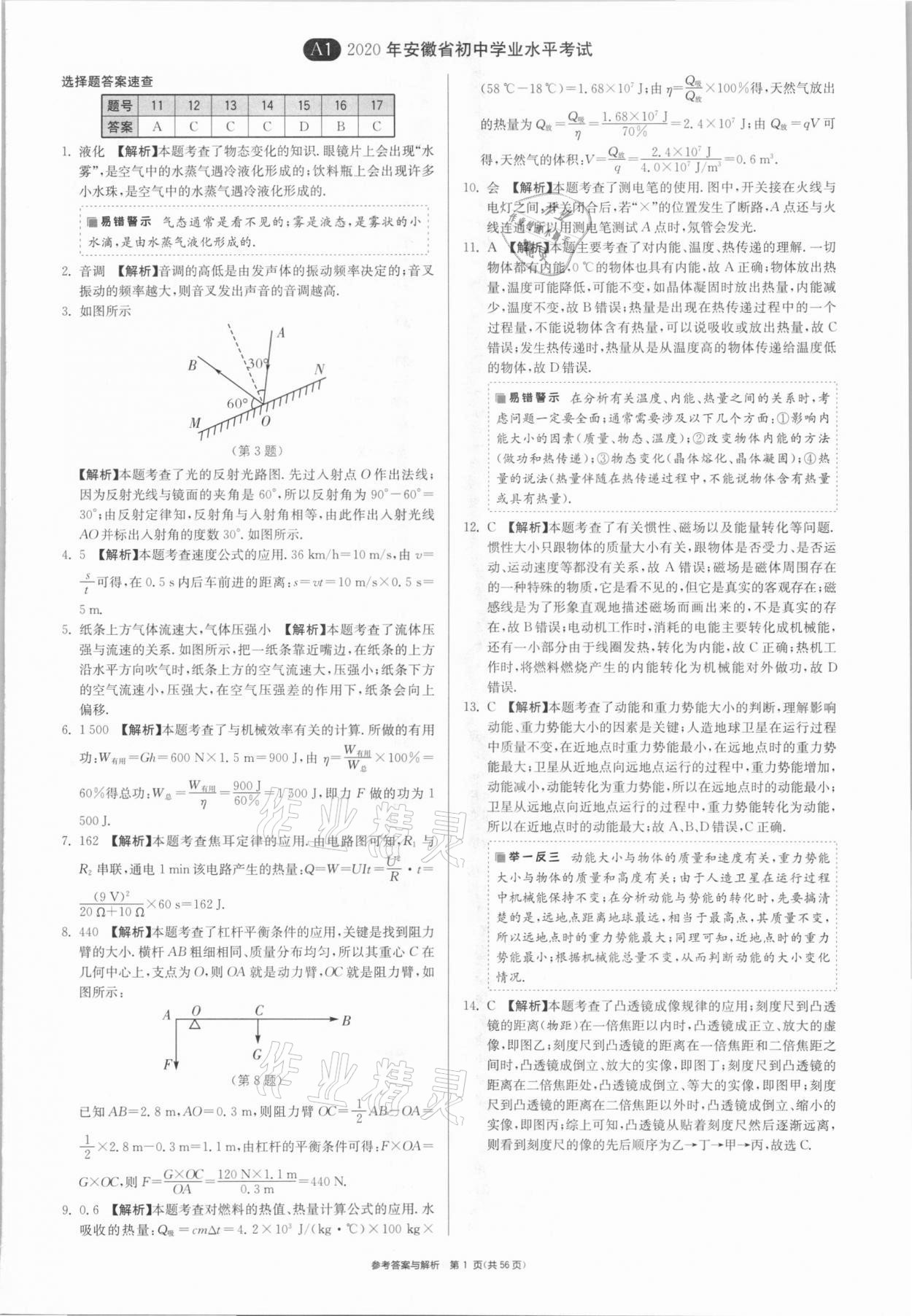 2021年春雨教育考必勝安徽省中考試卷精選物理 參考答案第1頁