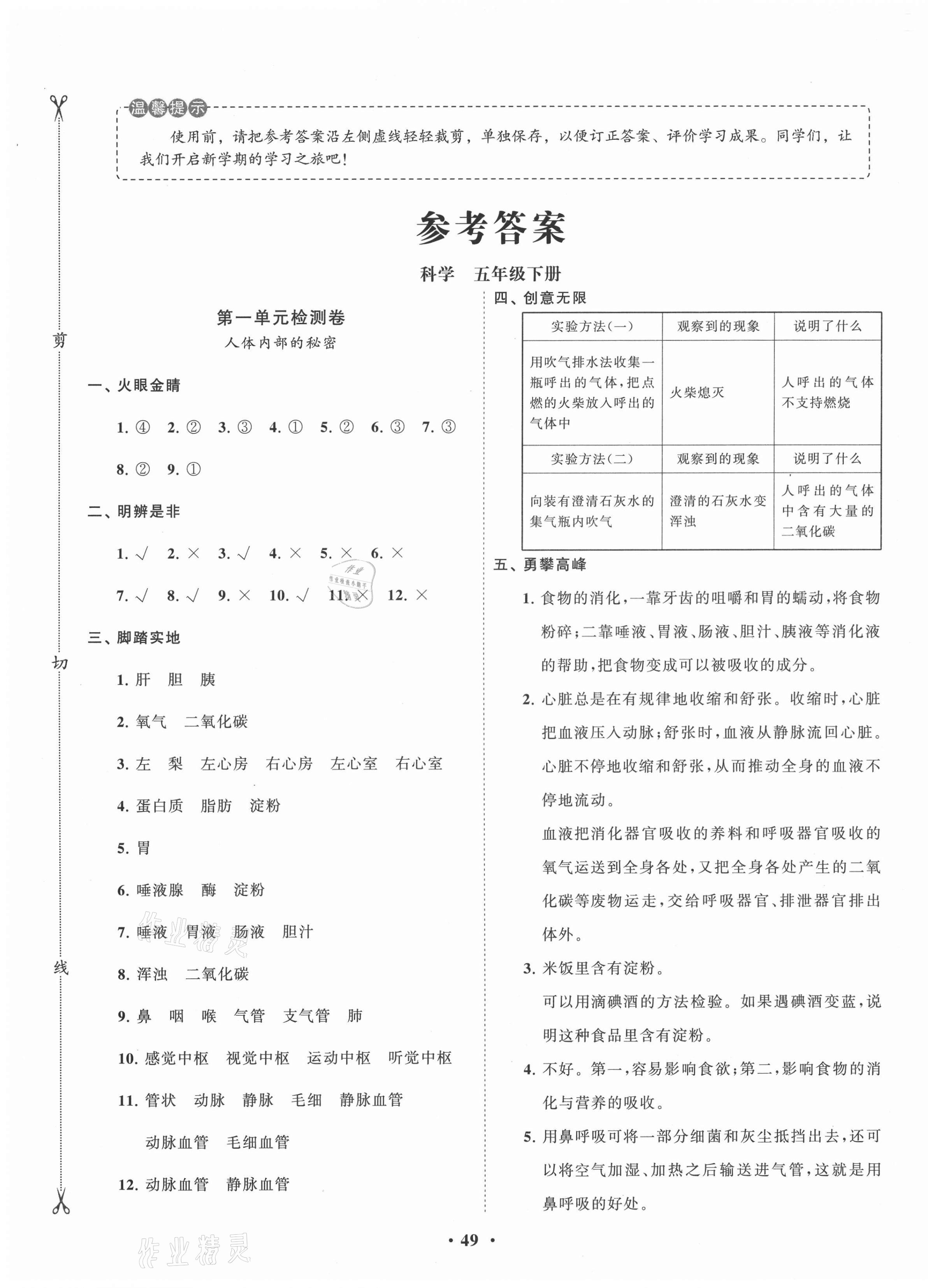 2021年小學同步練習冊分層卷五年級科學下冊青島版濰坊專版 第1頁