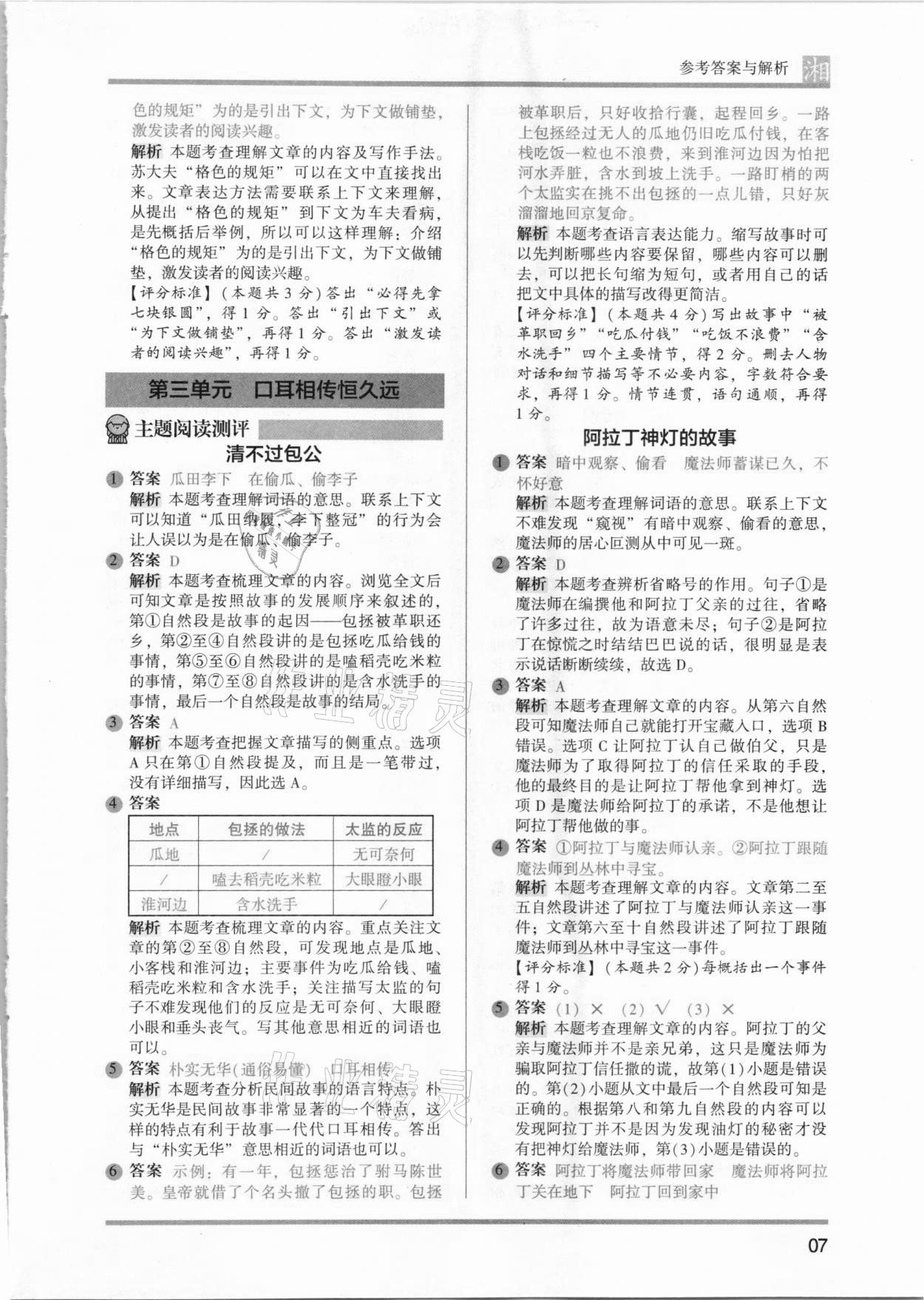 2021年木头马阅读力测评五年级语文人教版巩固篇A版湖南专版 参考答案第7页