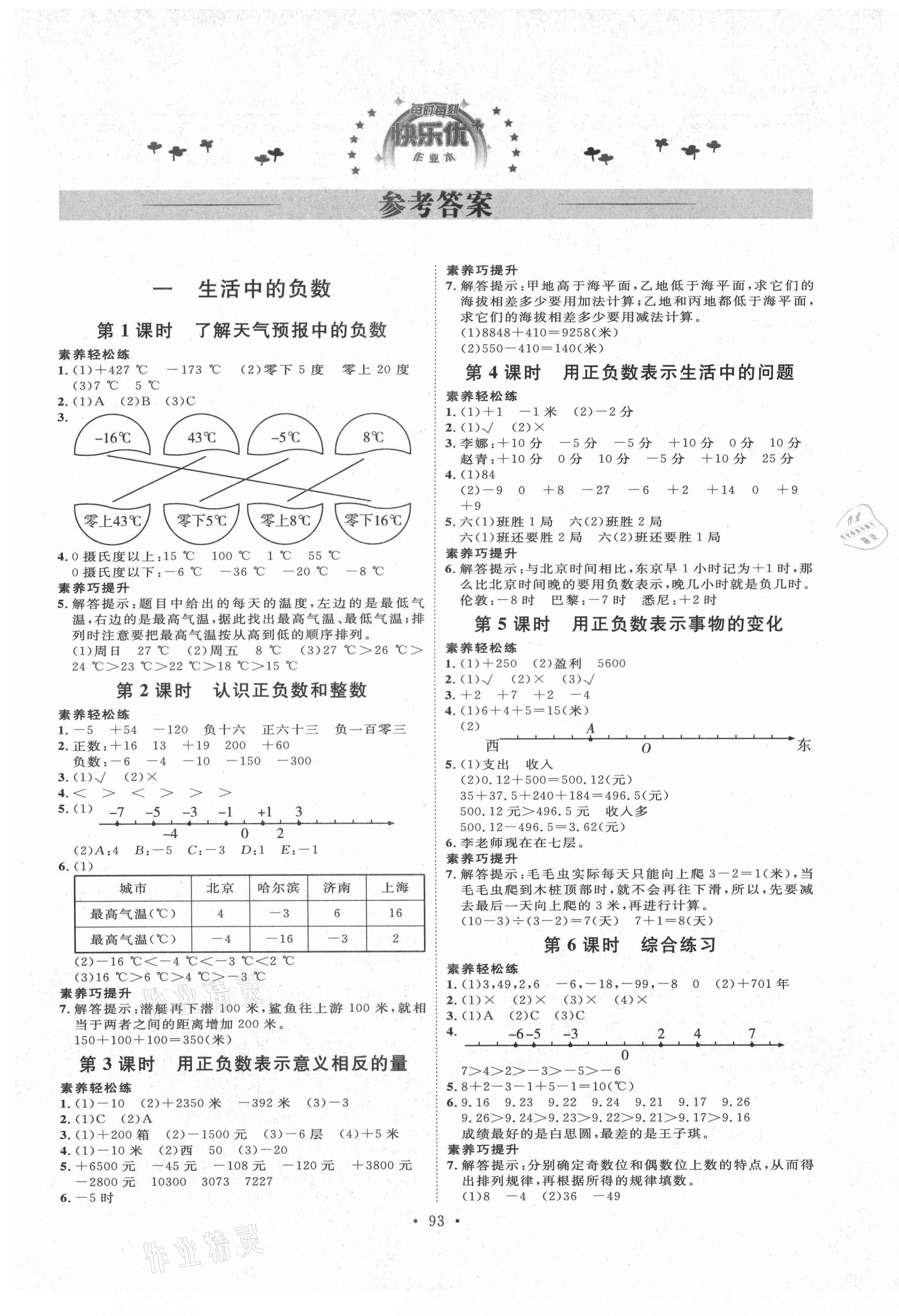 2021年每時每刻快樂優(yōu)加作業(yè)本六年級數(shù)學(xué)下冊人教版N版河北專版 參考答案第1頁