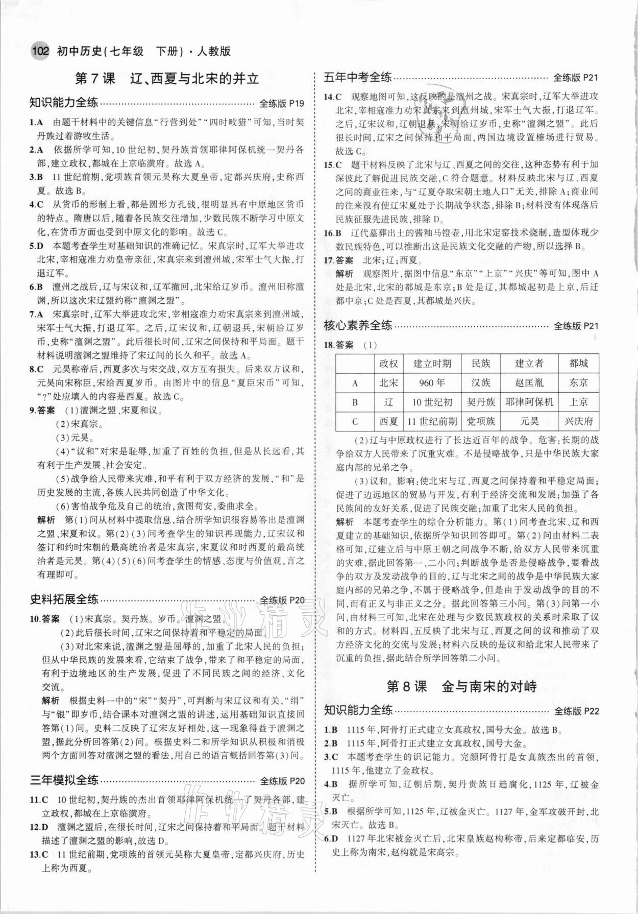 2021年5年中考3年模拟七年级历史下册人教版 参考答案第8页