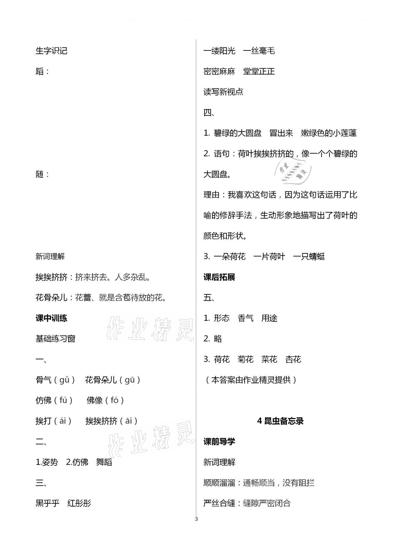 2021年长江作业本同步练习册三年级语文下册人教版 参考答案第3页