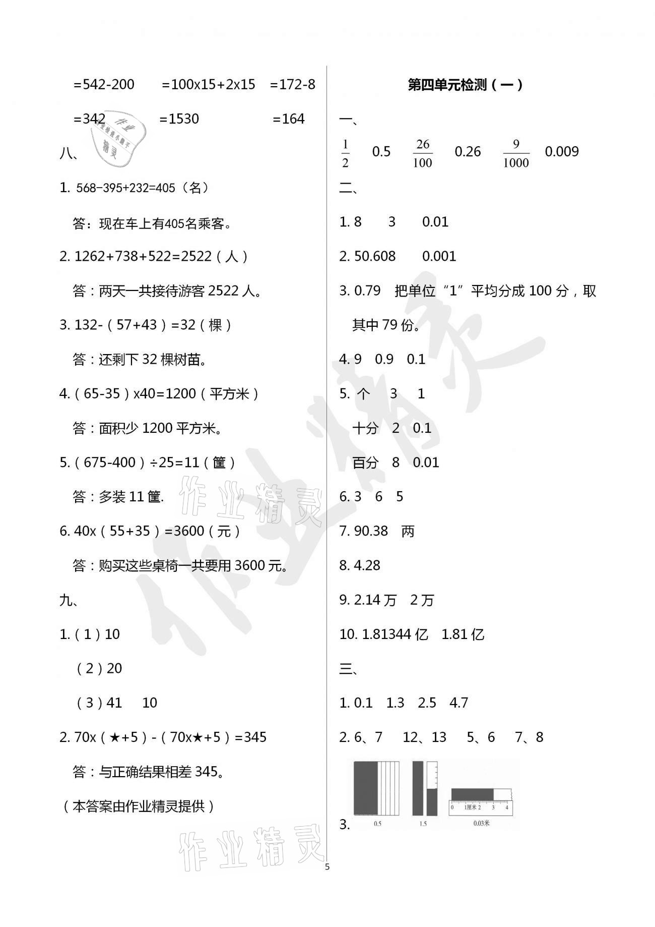 2021年单元自测试卷四年级数学下学期人教版临沂专版 参考答案第5页