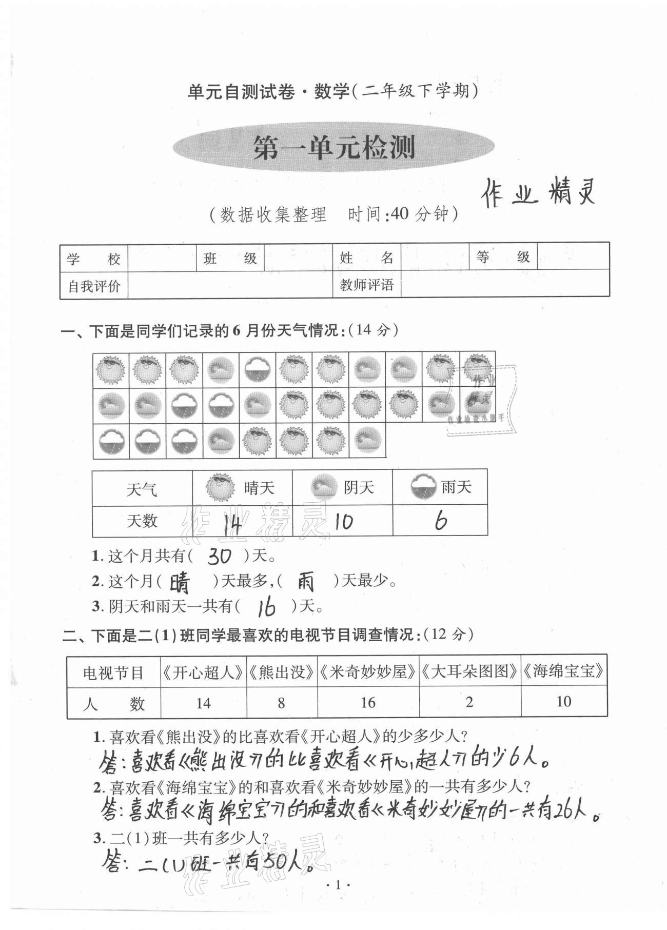 2021年单元自测试卷二年级数学下学期人教版临沂专版 参考答案第1页