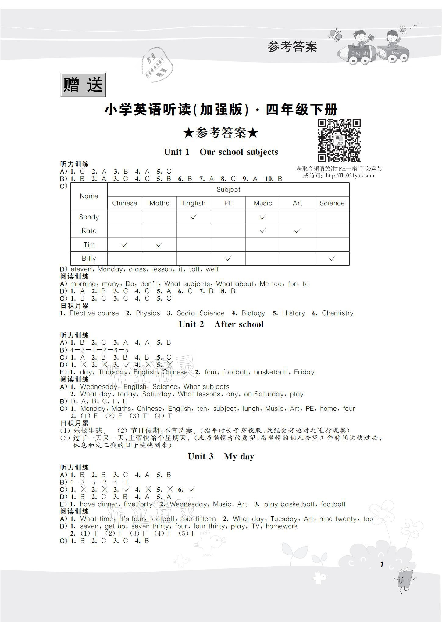 2021年聽讀教室小學(xué)英語聽讀四年級下冊譯林版加強版 參考答案第1頁