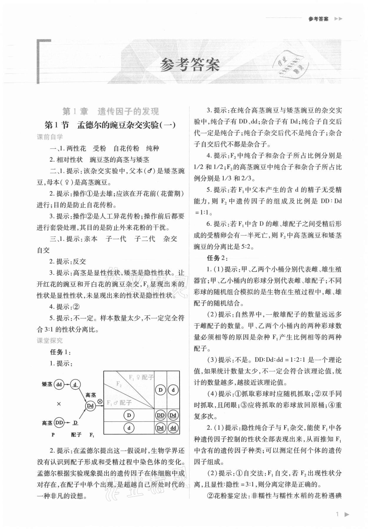 2021年普通高中新課程同步練習冊生物必修2人教版 參考答案第1頁