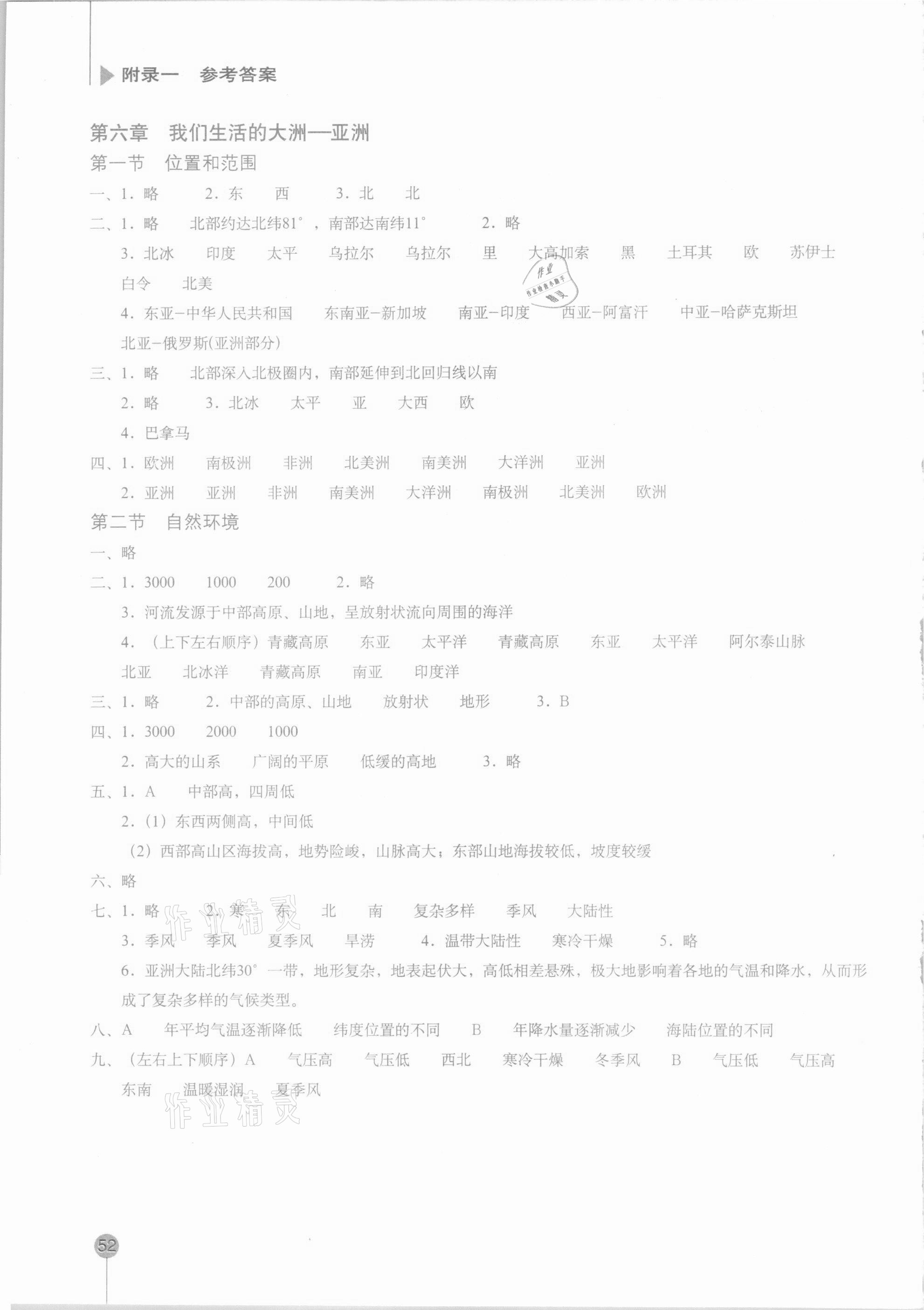 2021年填充图册七年级地理下册人教版星球地图出版社 参考答案第1页