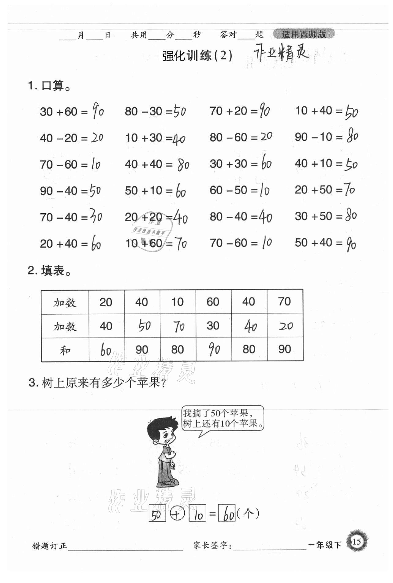 2021年1日1練口算題卡一年級(jí)下冊(cè)西師大版 參考答案第15頁(yè)