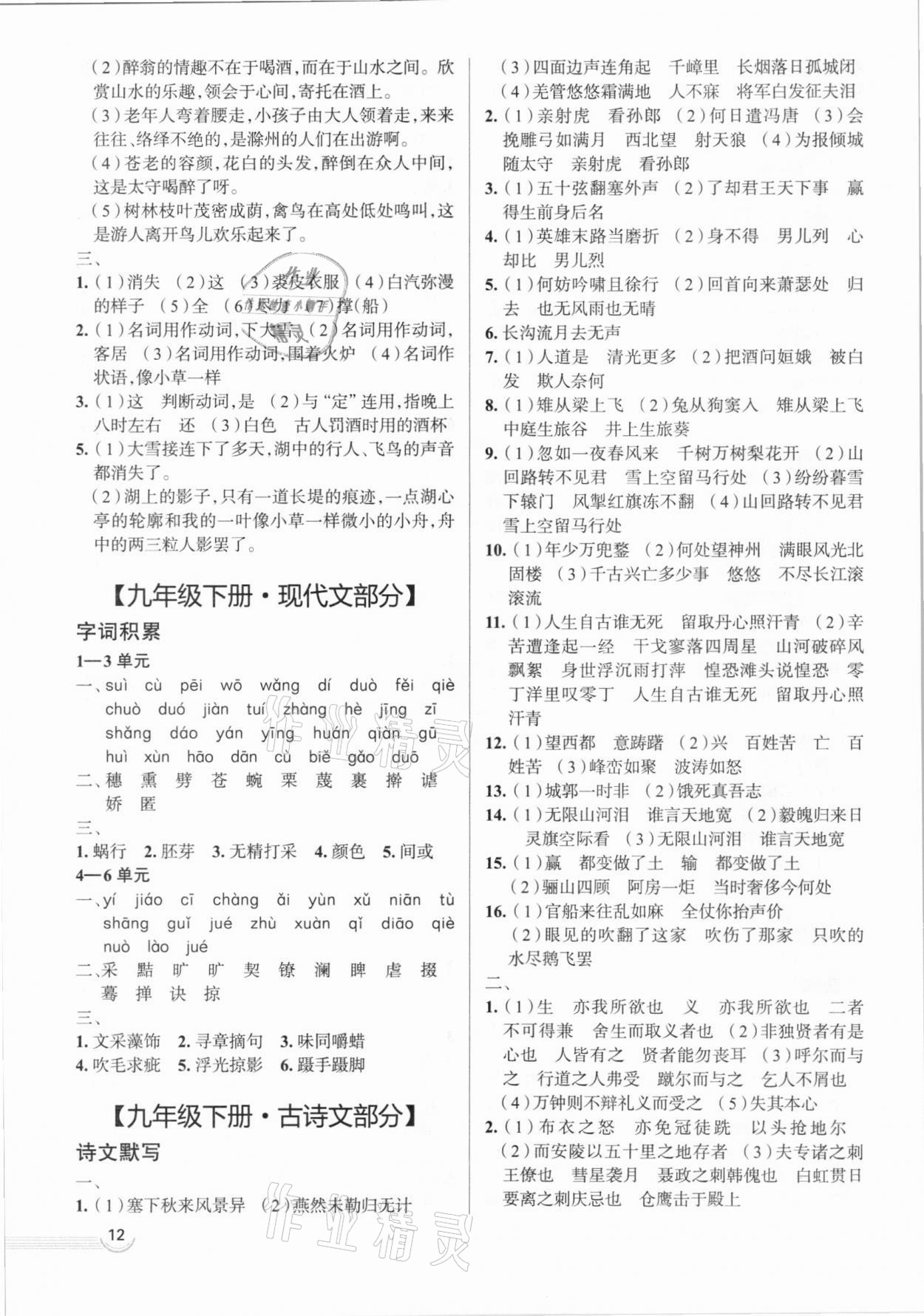 2021年中考零距离语文中考潍坊专版 参考答案第12页