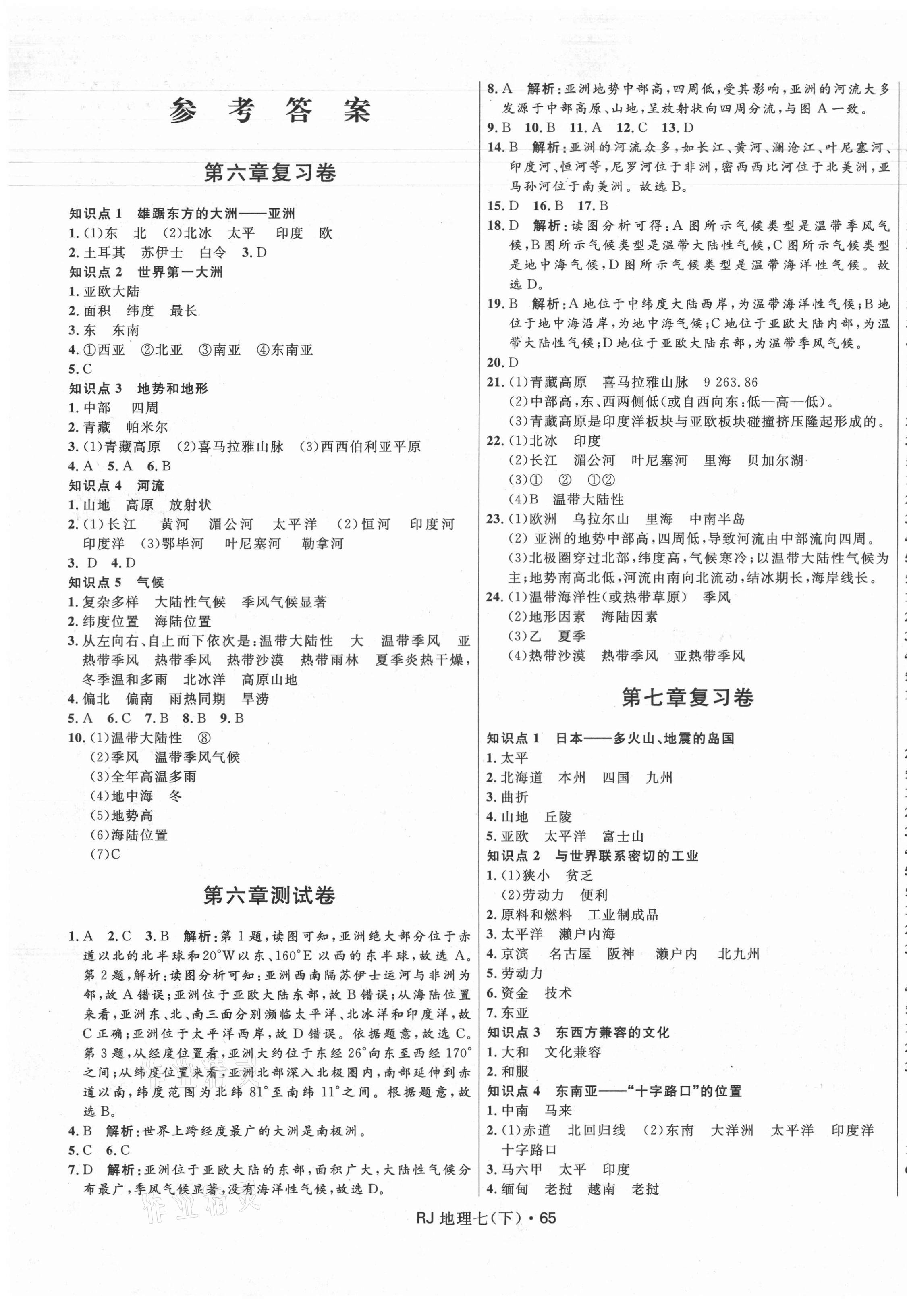 2021年奪冠百分百初中優(yōu)化測(cè)試卷七年級(jí)地理下冊(cè)人教版 參考答案第1頁(yè)