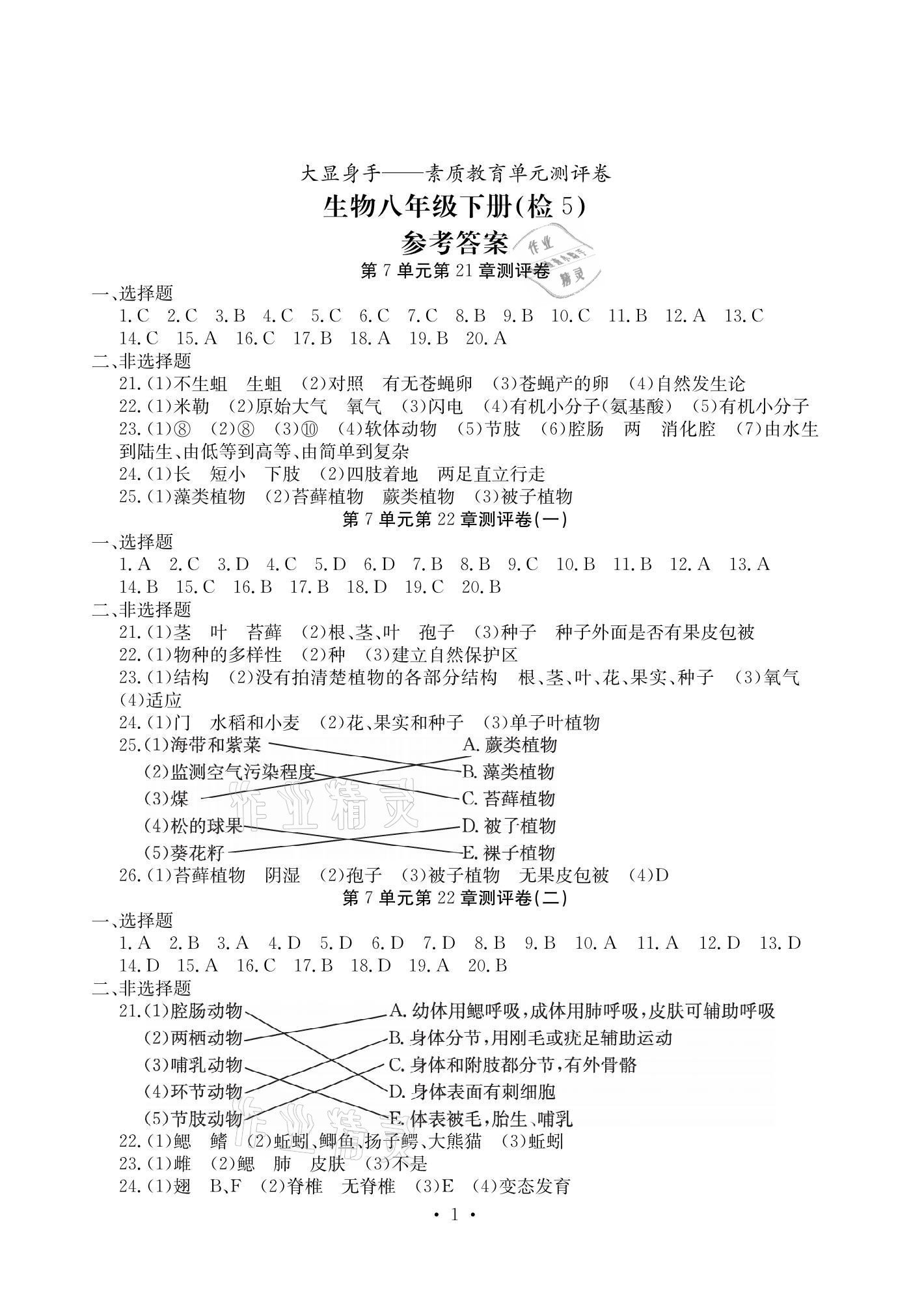 2021年大顯身手素質(zhì)教育單元測(cè)評(píng)卷八年級(jí)生物下冊(cè)北師大版檢5貴港專版 參考答案第1頁(yè)