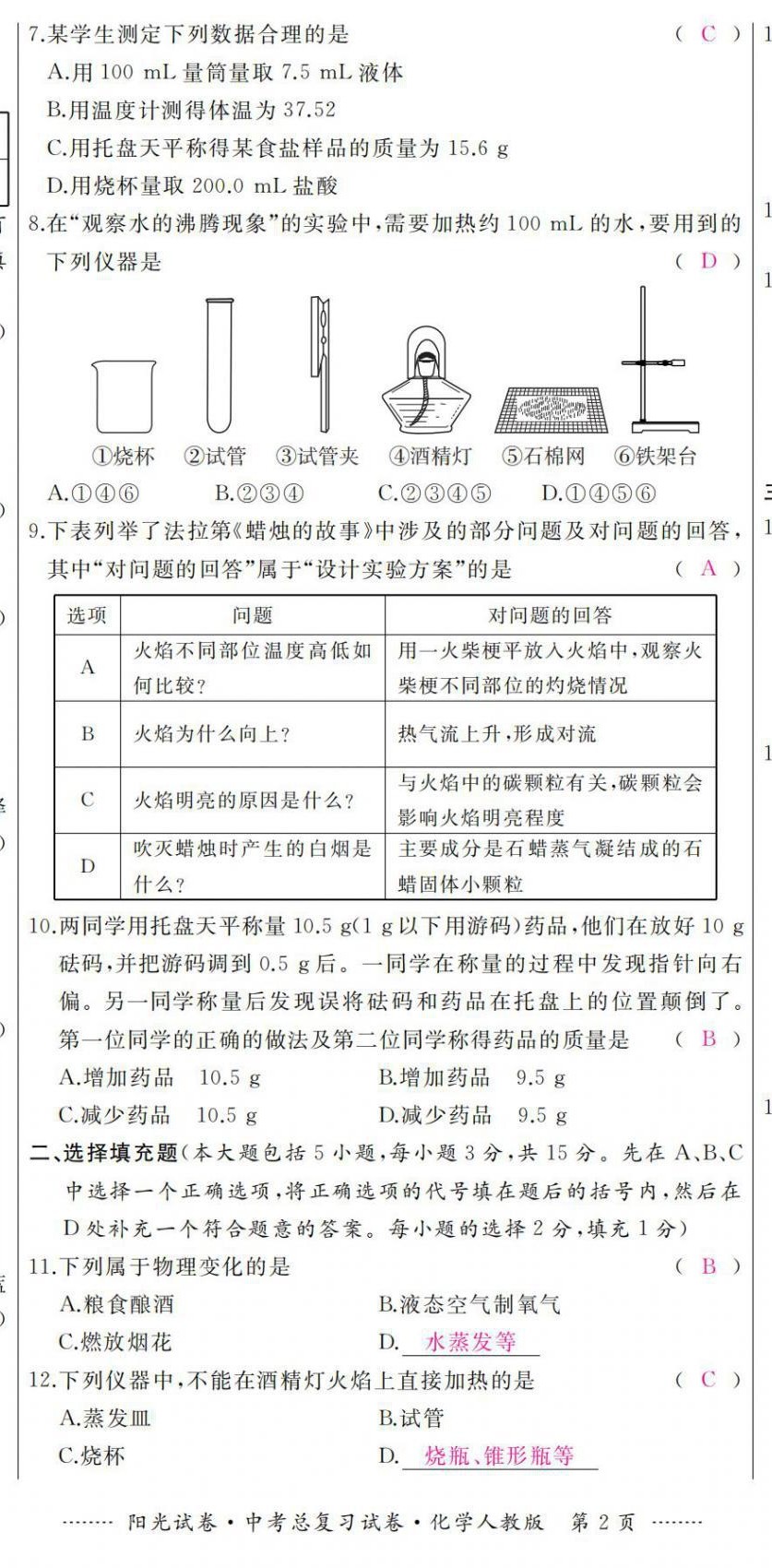 2021年陽光試卷中考總復習試卷化學人教版 第2頁