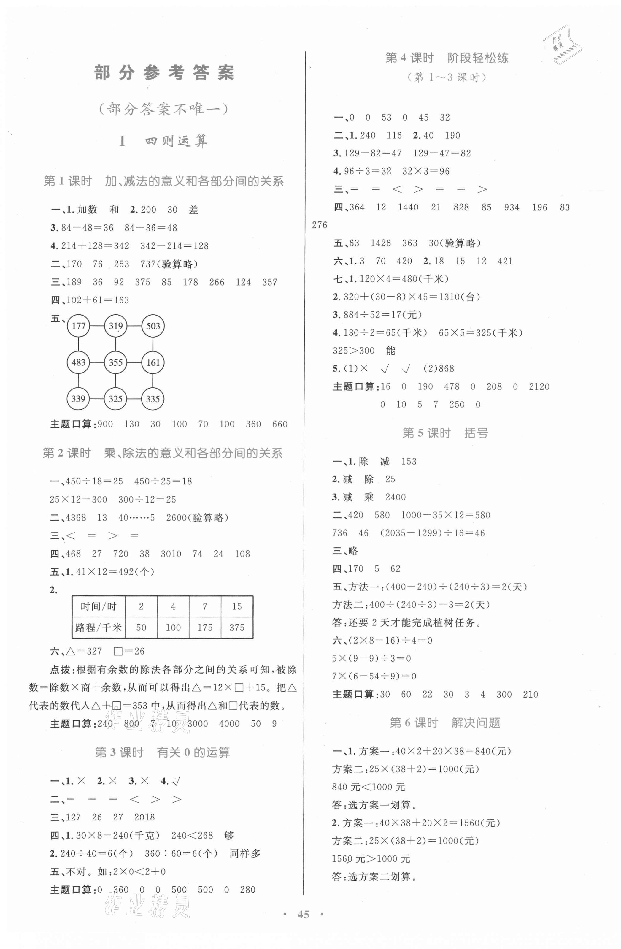 2021年同步學(xué)習(xí)目標(biāo)與檢測(cè)四年級(jí)數(shù)學(xué)下冊(cè)人教版 第1頁(yè)