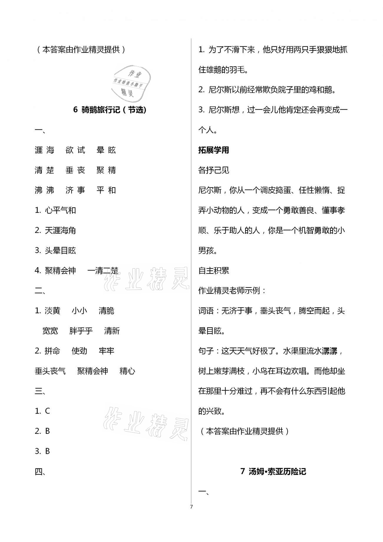 2021年小学生学习实践园地六年级语文下册人教版 参考答案第7页