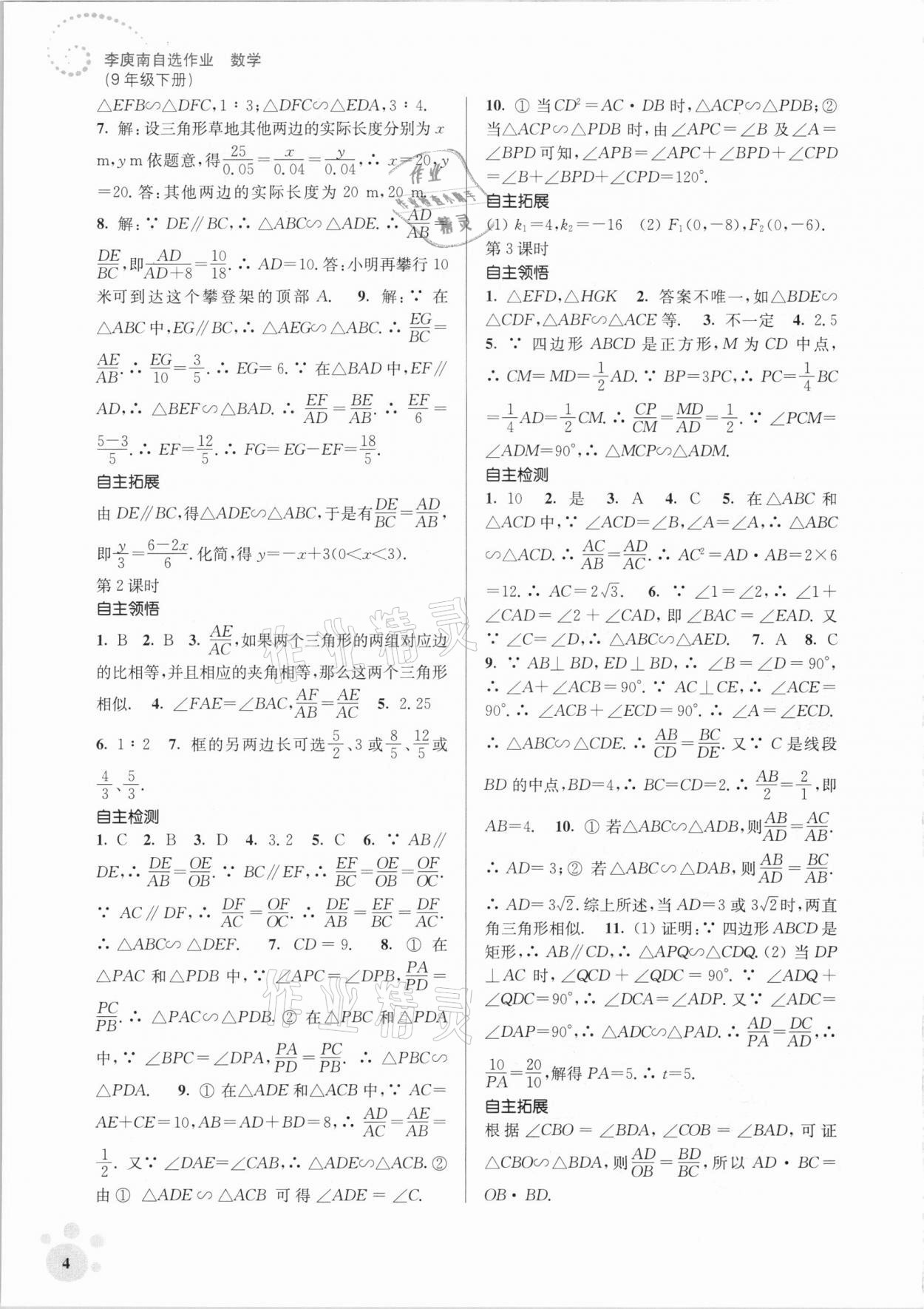 2021年李庚南初中数学自选作业九年级下册人教版 参考答案第4页