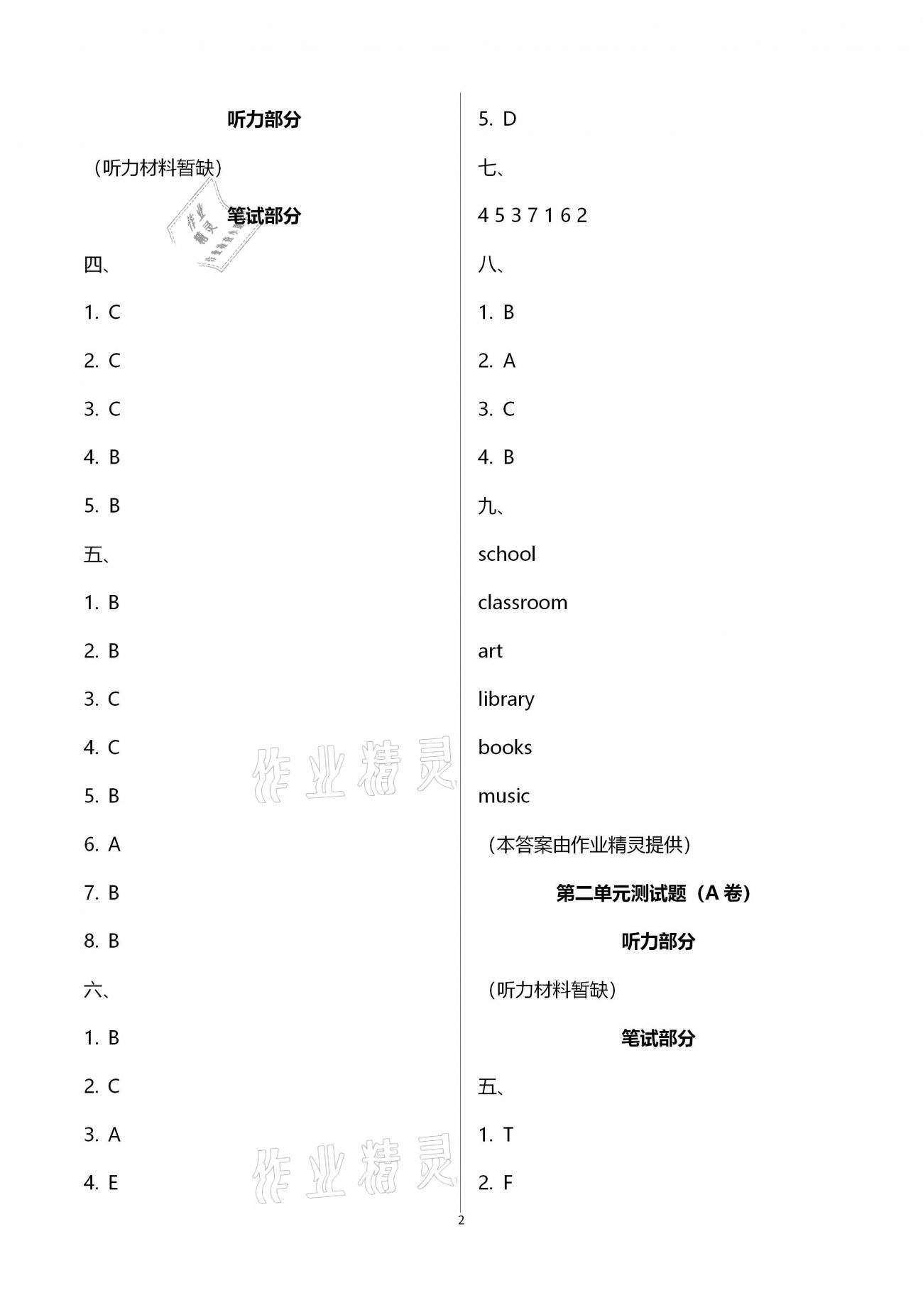 2021年单元自测试卷四年级英语下学期人教版 第2页