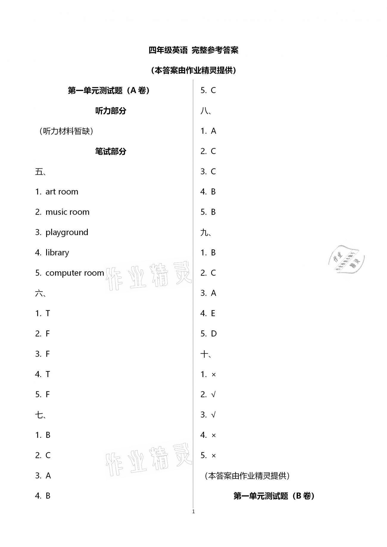 2021年单元自测试卷四年级英语下学期人教版 第1页