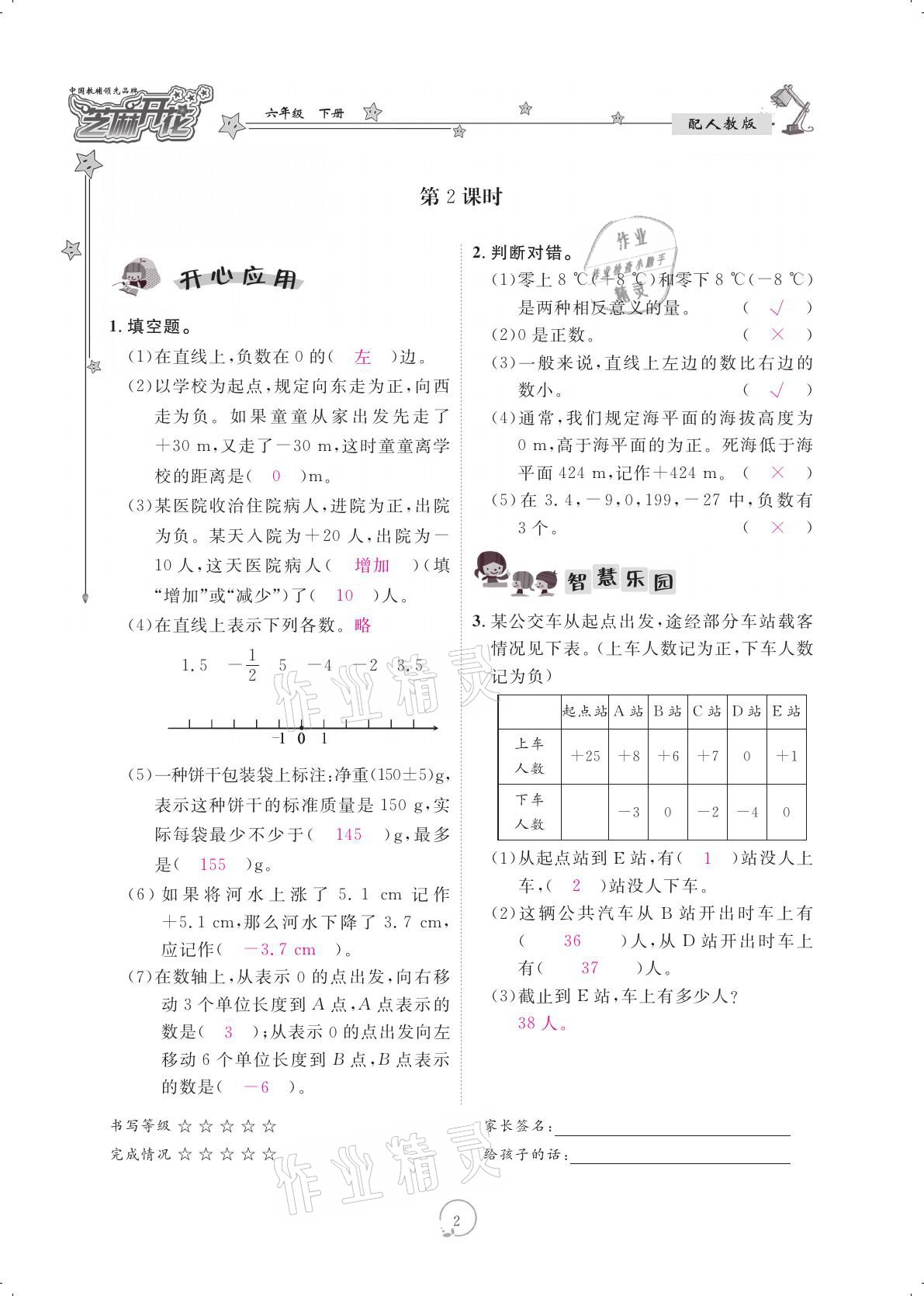 2021年領航新課標練習冊六年級數學下冊人教版 參考答案第2頁