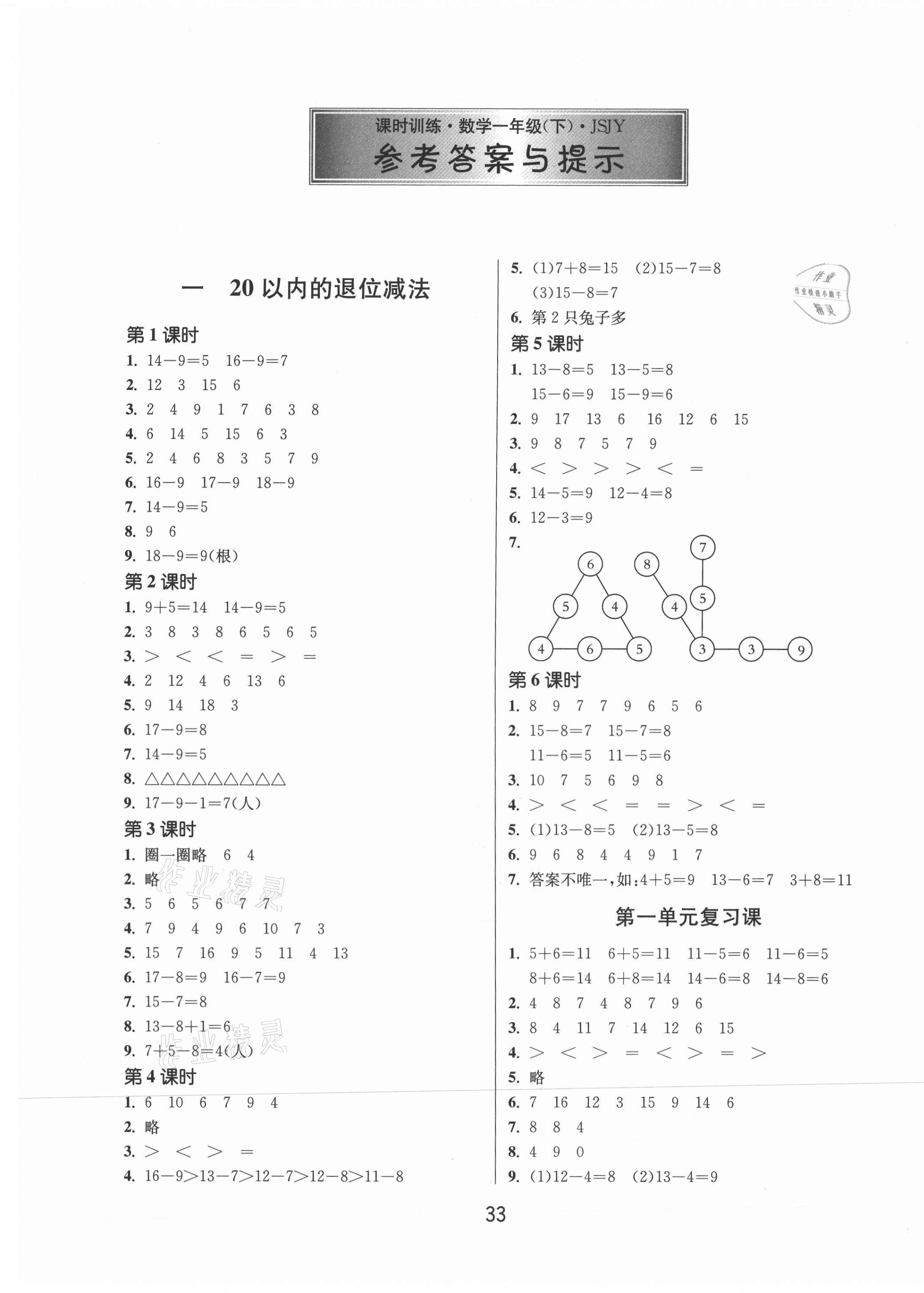 2021年課時(shí)訓(xùn)練一年級數(shù)學(xué)下冊蘇教版江蘇人民出版社 第1頁