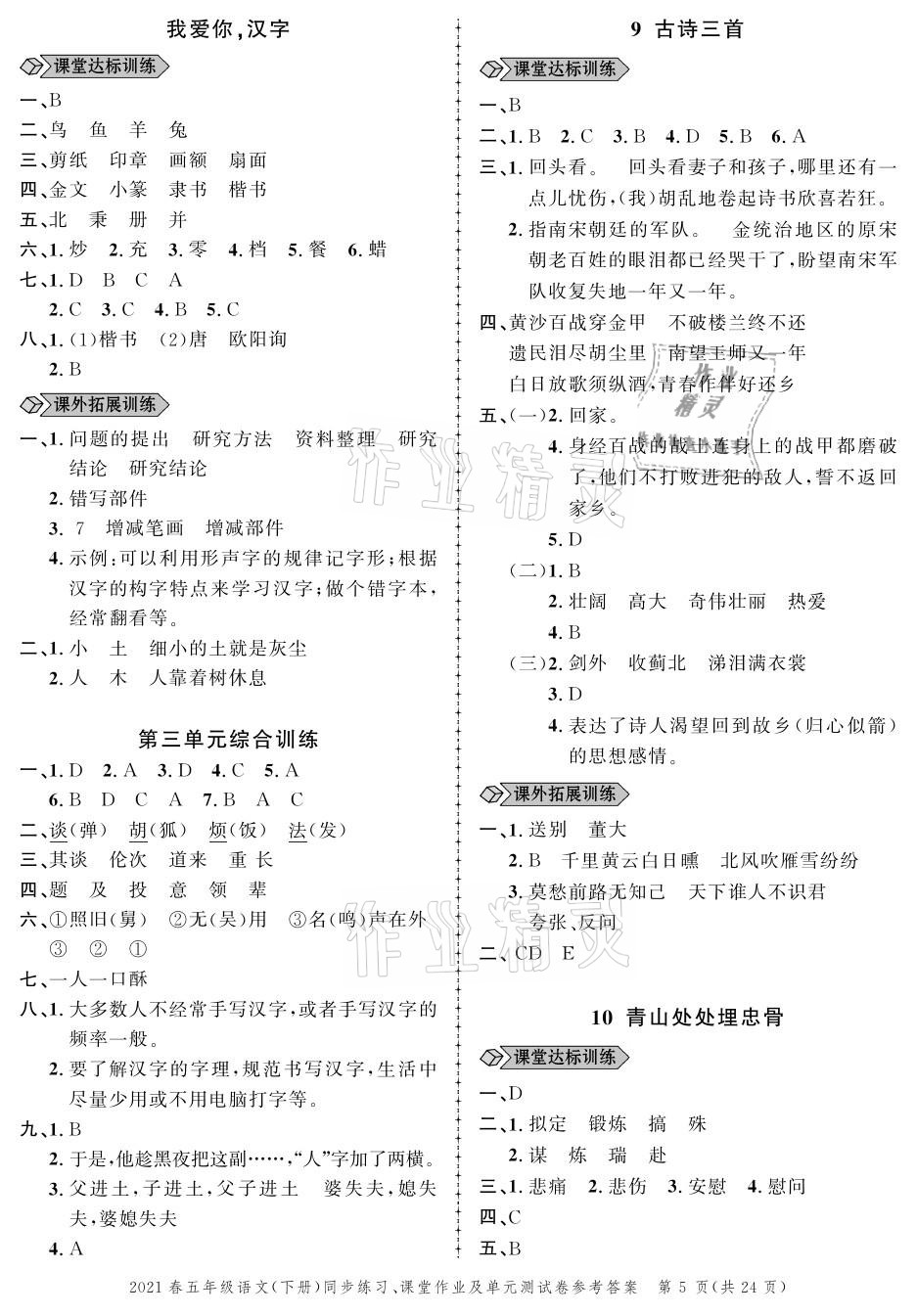 2021年創(chuàng)新作業(yè)同步練習(xí)五年級語文下冊人教版 參考答案第5頁