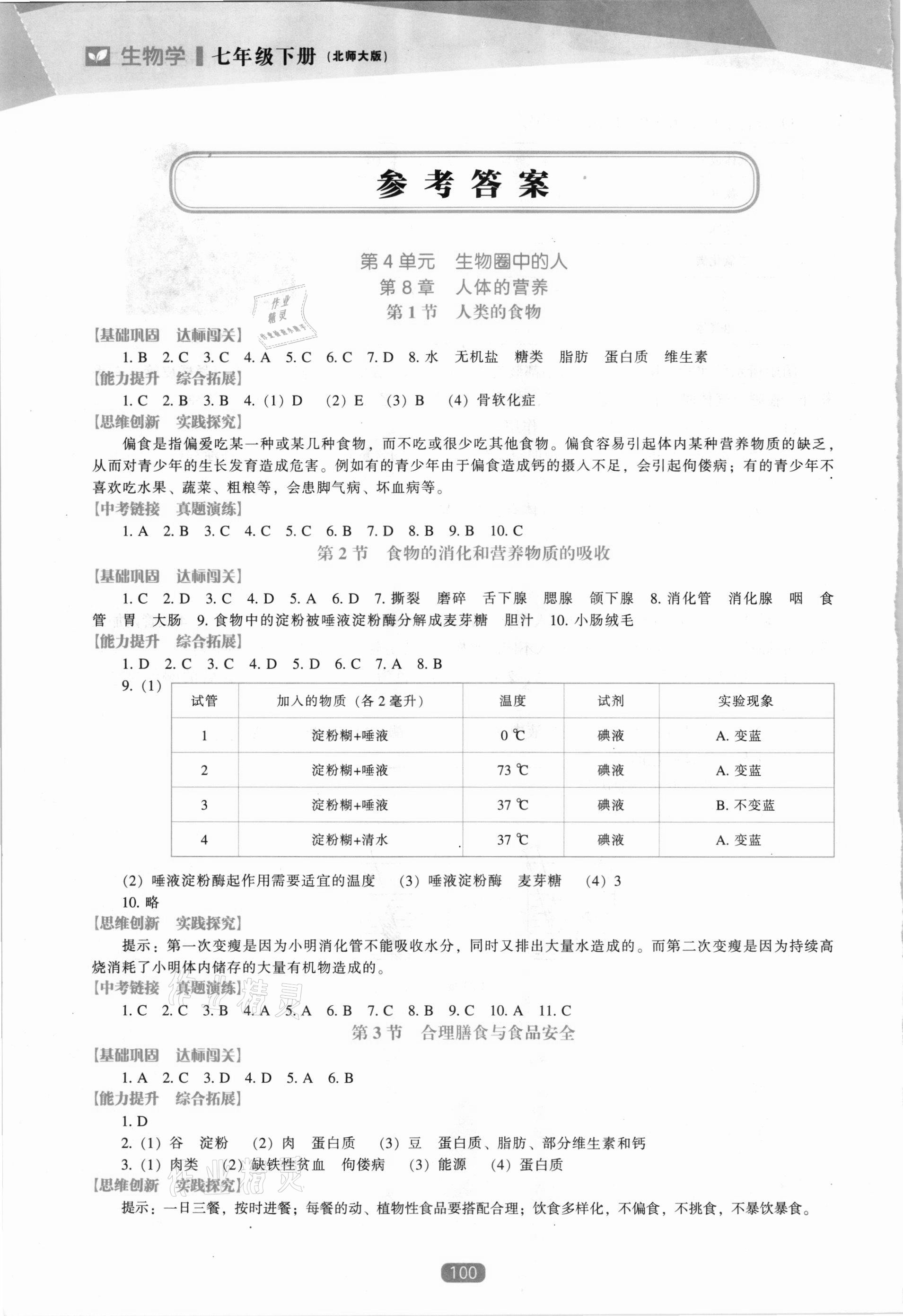 2021年新课程生物学能力培养七年级下册北师大版 参考答案第1页