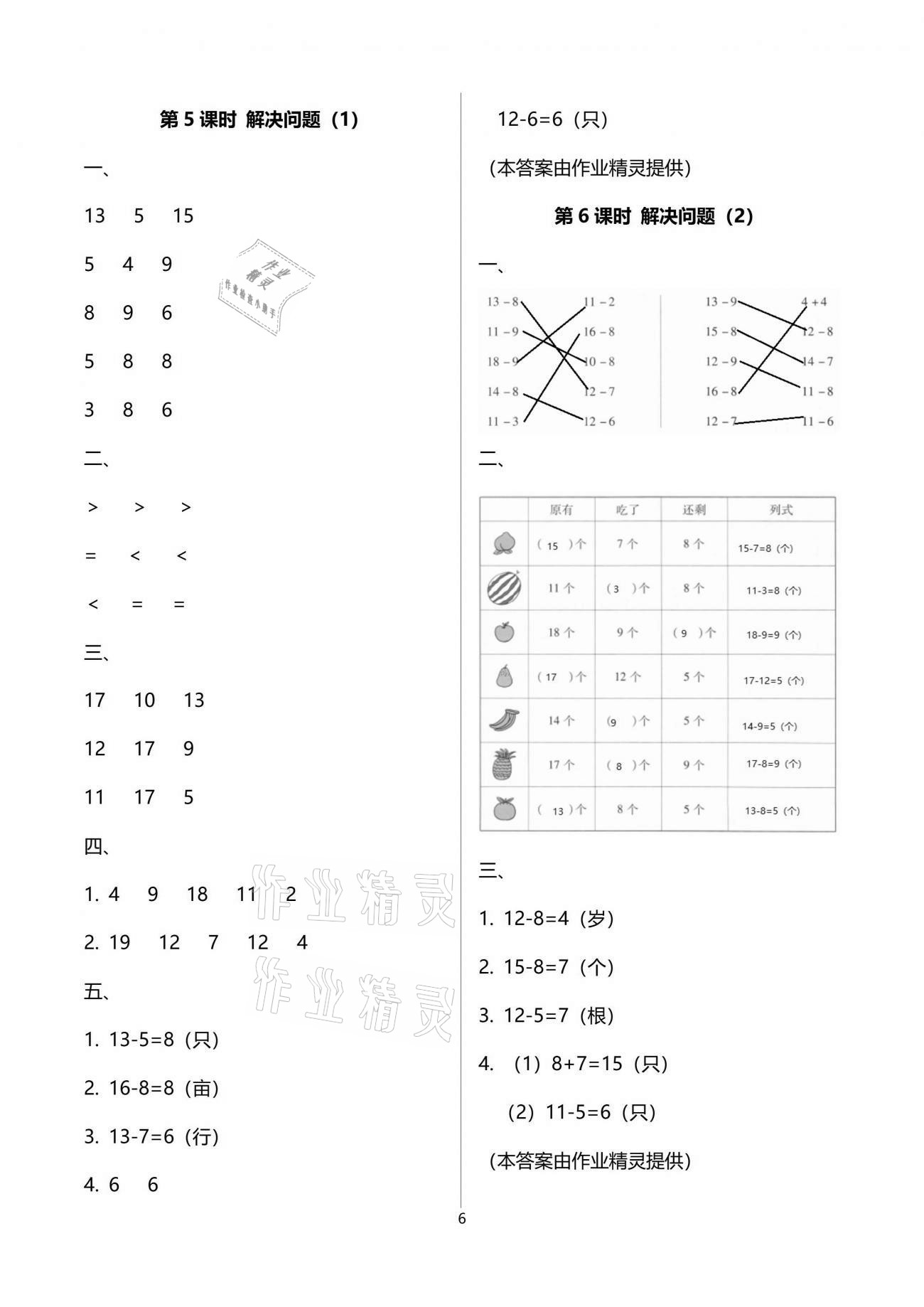 2021年云南省标准教辅同步指导训练与检测一年级数学下册人教版 参考答案第6页