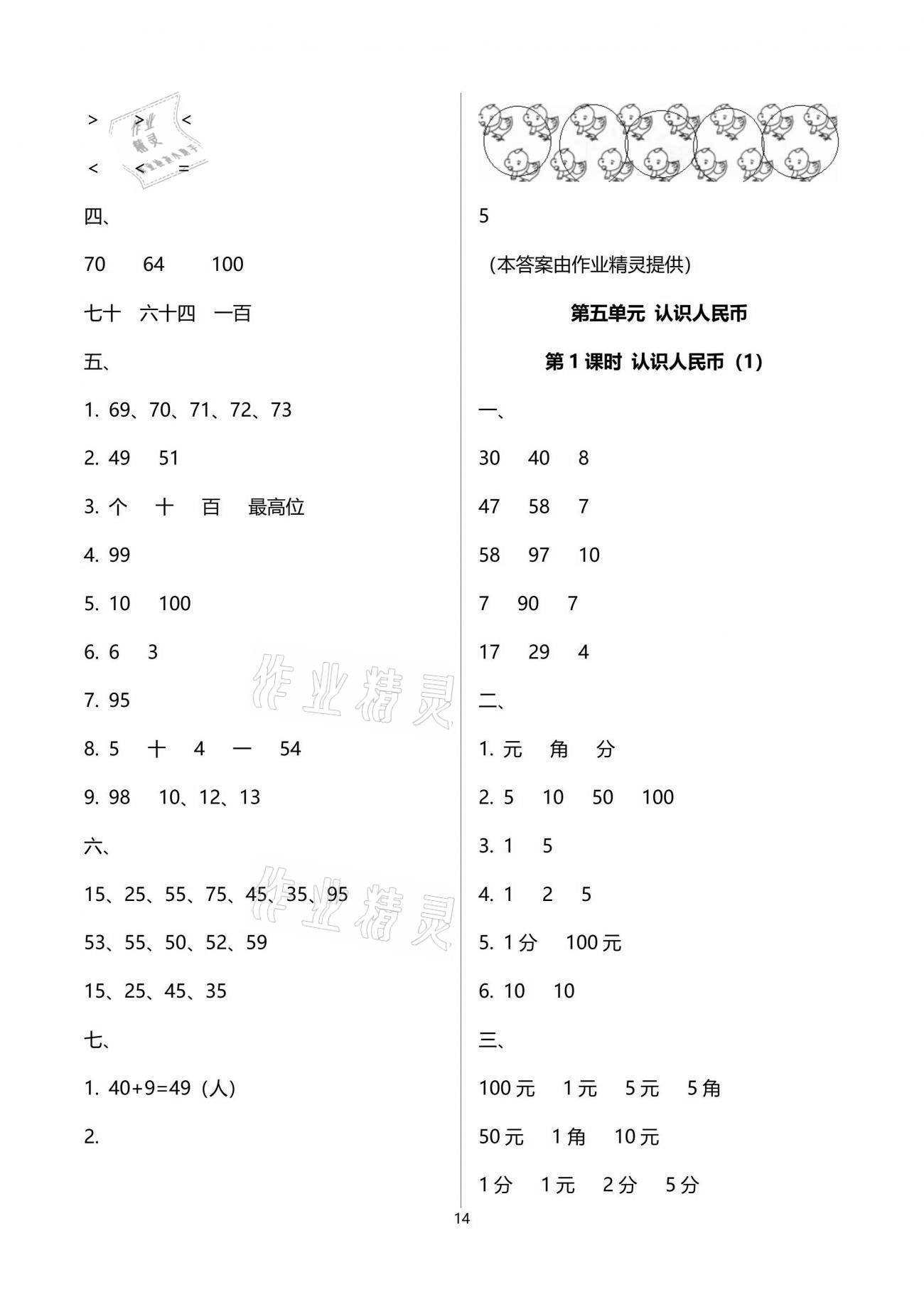 2021年云南省标准教辅同步指导训练与检测一年级数学下册人教版 参考答案第14页