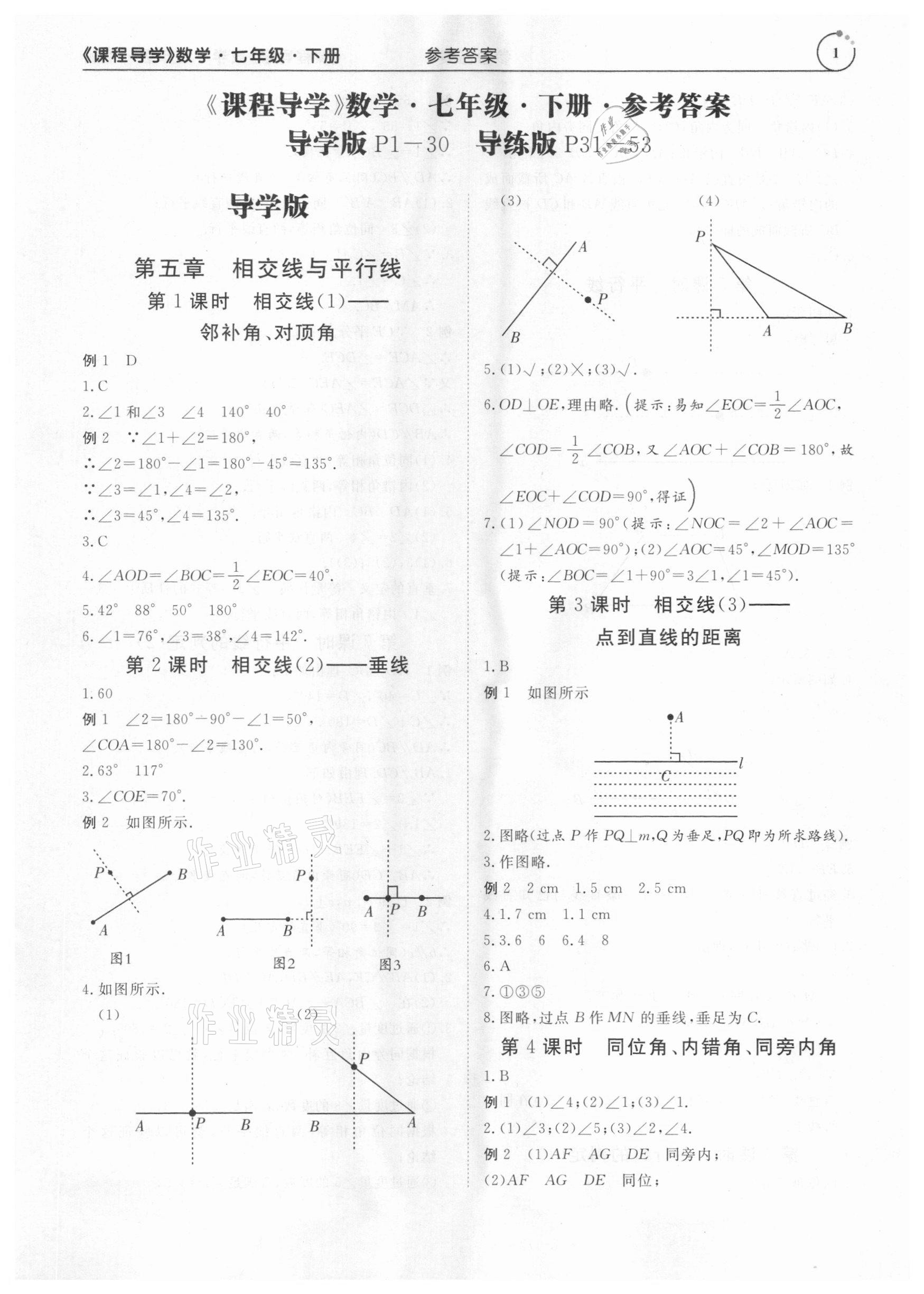 2021年课程导学七年级数学下册人教版 参考答案第1页