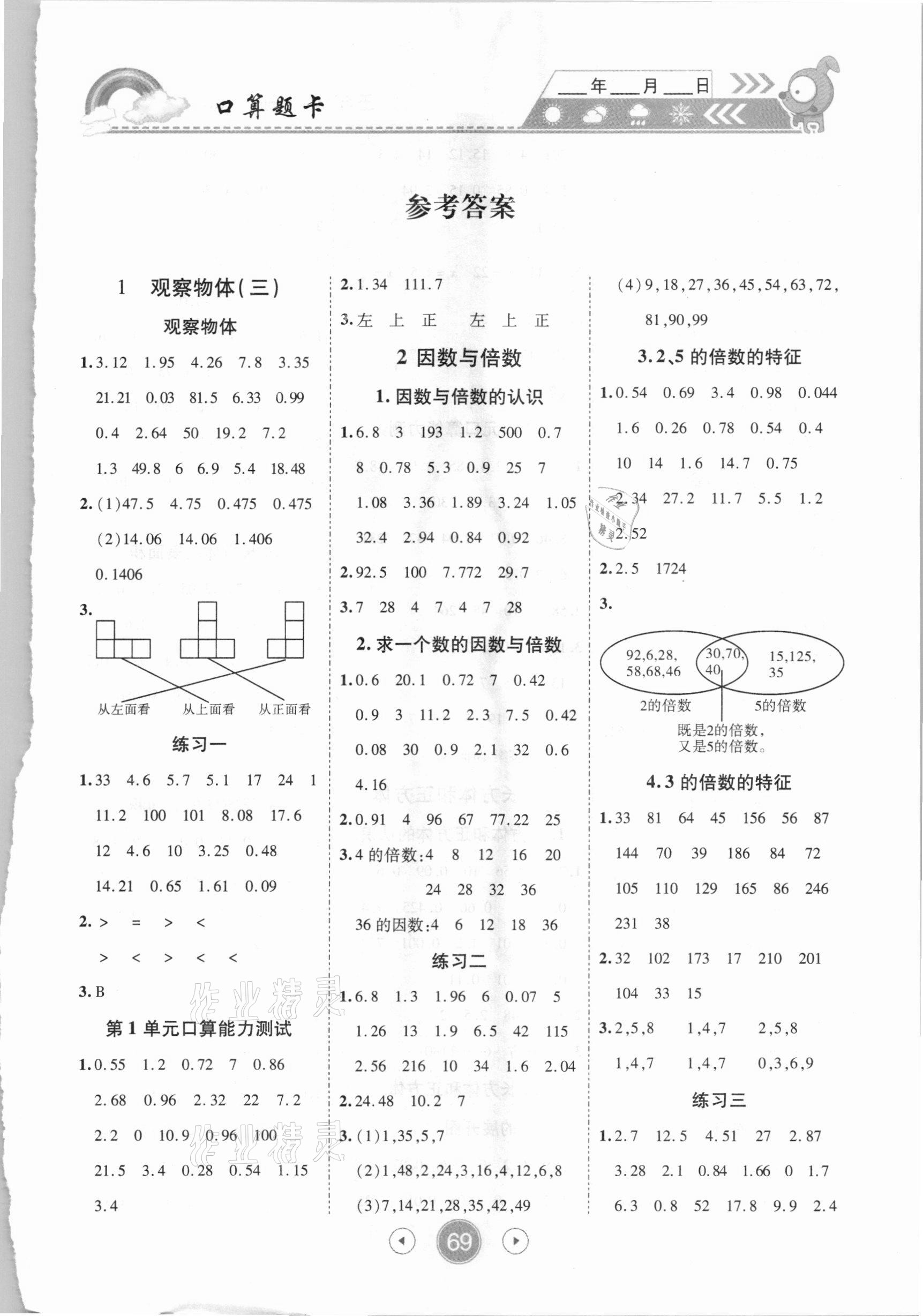 2021年小状元数学天天练口算题卡大通关五年级下册人教版 第1页