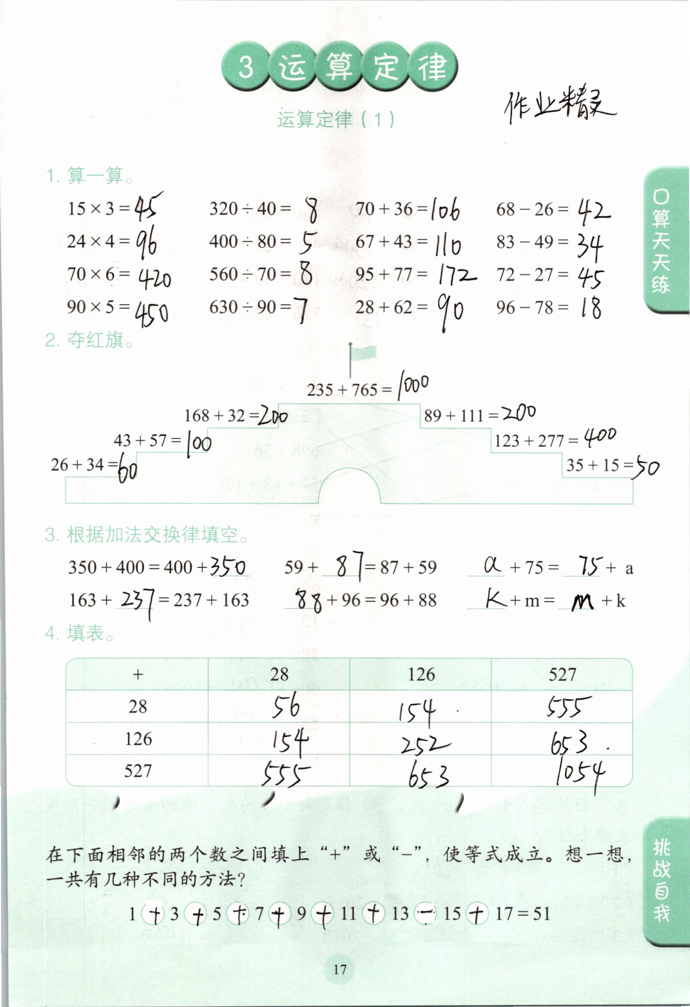 2021年口算小状元四年级数学下册人教版人民教育出版社 参考答案第17页