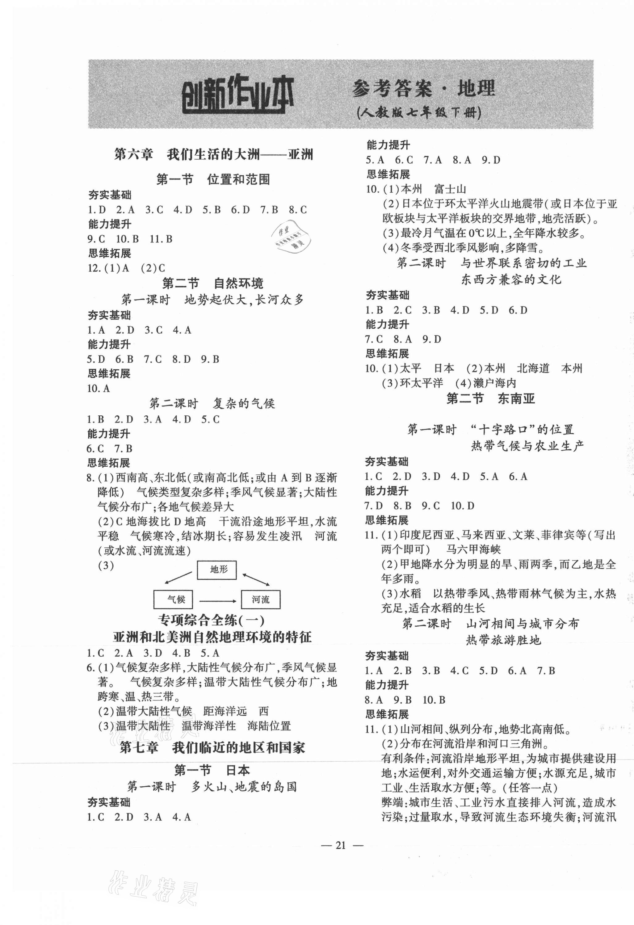 2021年創(chuàng)新課堂創(chuàng)新作業(yè)本七年級(jí)地理下冊人教版 第1頁