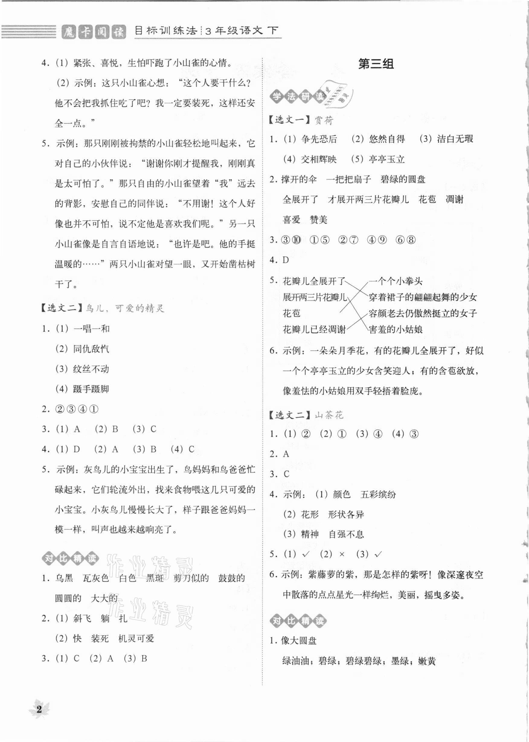 2021年魔卡閱讀目標訓(xùn)練法三年級語文下冊人教版 參考答案第2頁