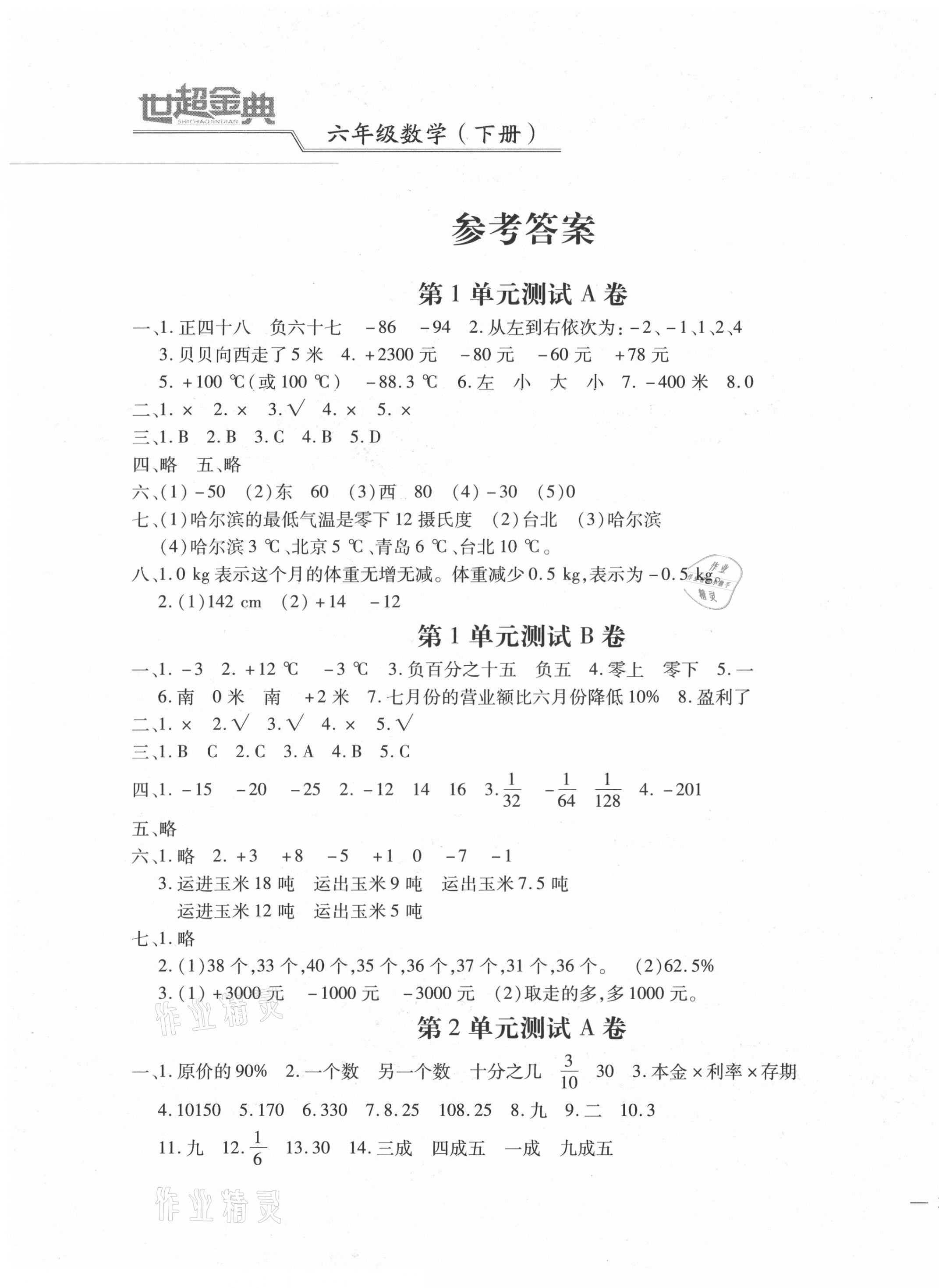 2021年世超金典课时练三维达标自测卷六年级数学下册人教版 第1页