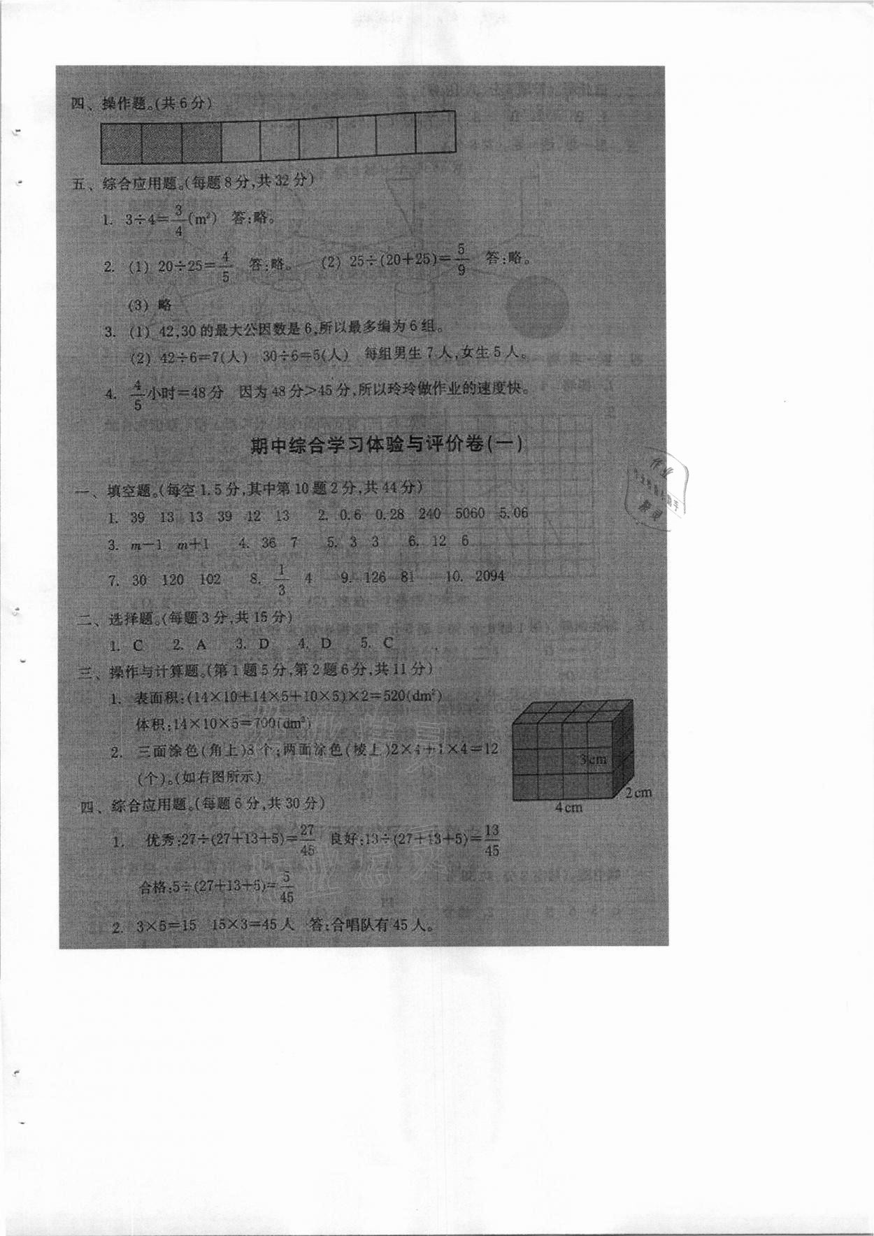 2021年单元学习体验与评价五年级数学下册人教版 参考答案第5页