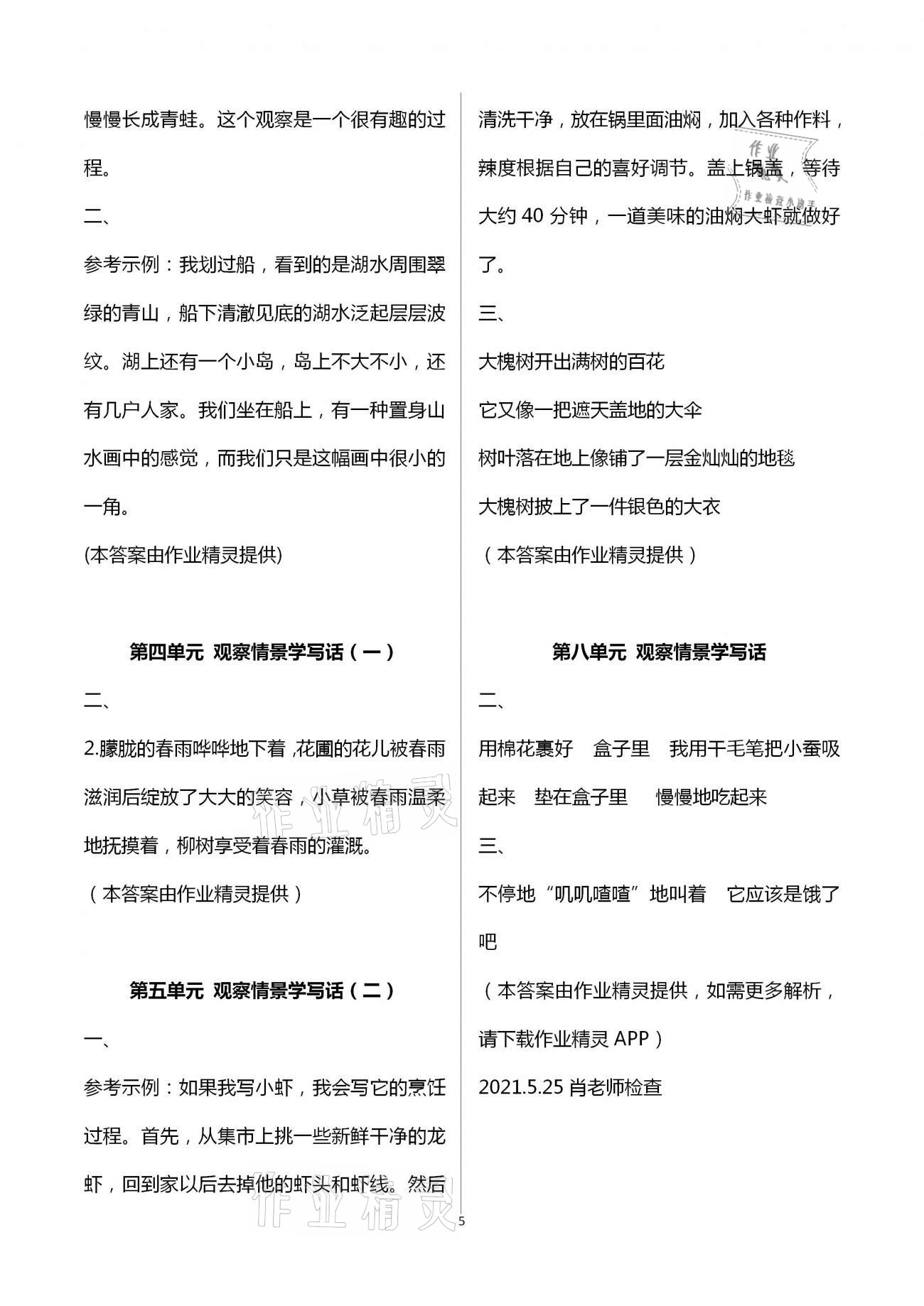 2021年练习与测试含活页试卷阅读二年级语文下册人教版 参考答案第5页