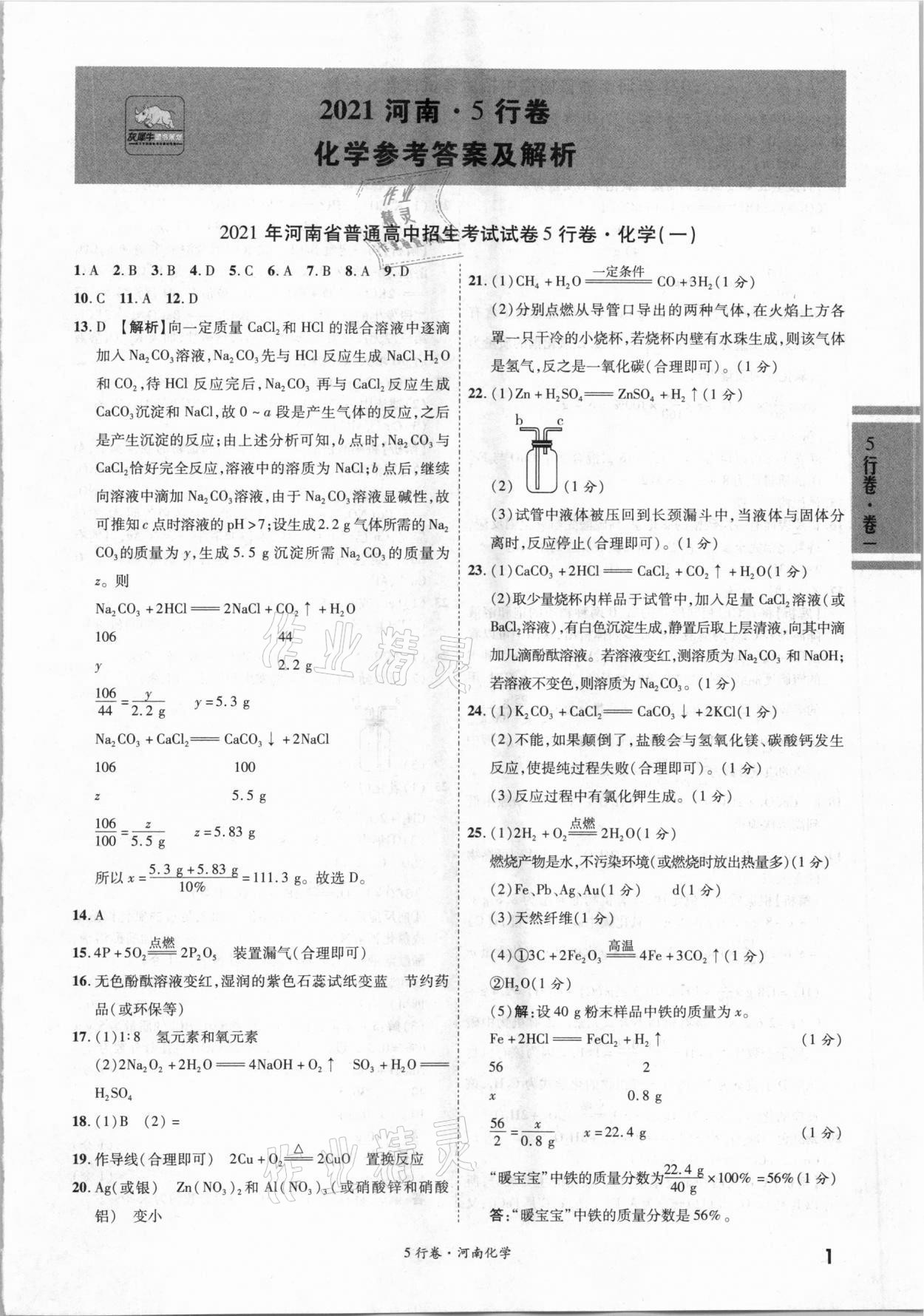 2021年一战成名河南中考5行卷化学