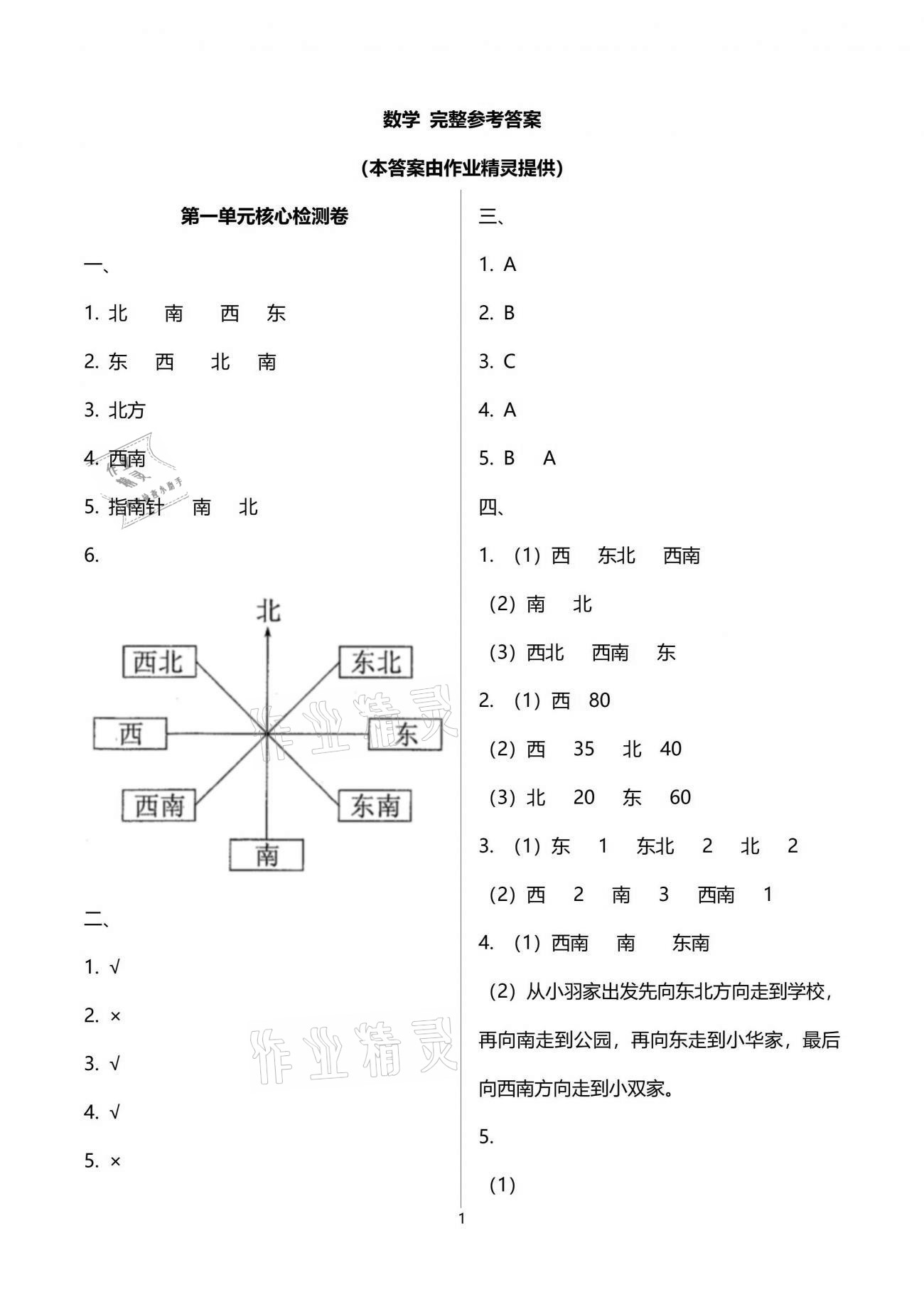 2021年云南重点小学核心试卷三年级数学下册人教版 参考答案第1页
