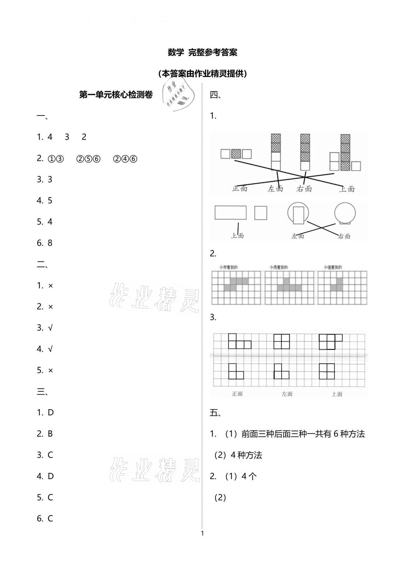 2021年云南重点小学核心试卷五年级数学下册人教版 参考答案第1页
