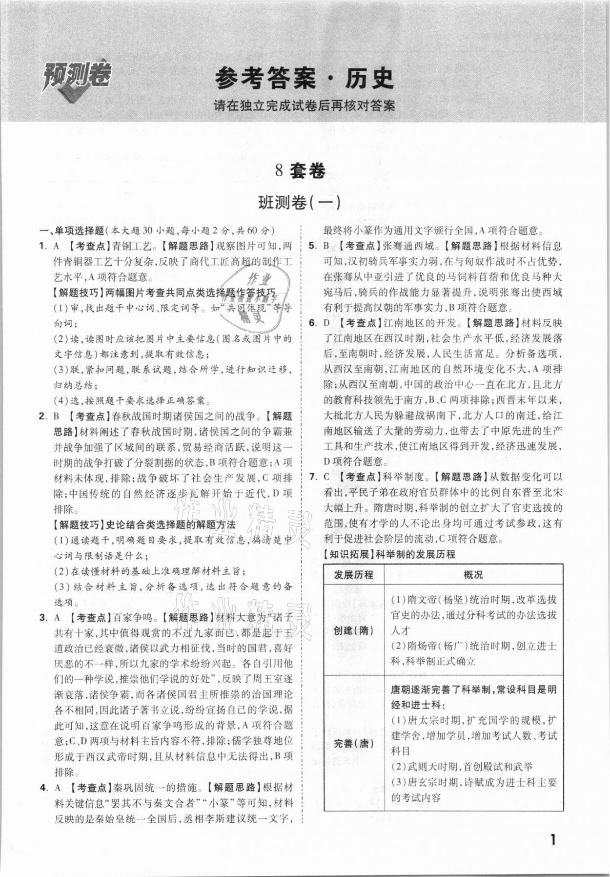 2021年萬唯中考預(yù)測卷歷史廣東專版 參考答案第1頁